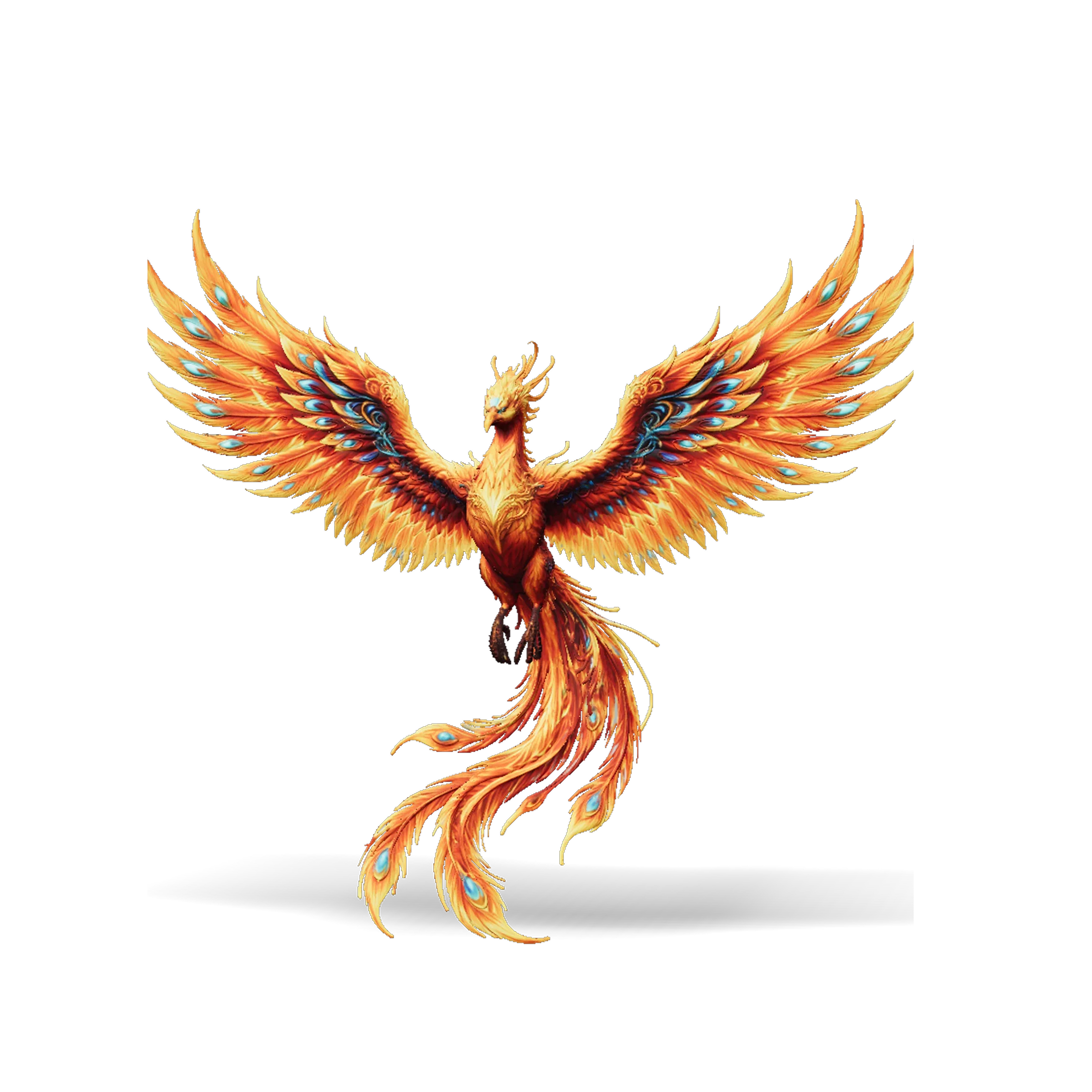 Fiery phoenix 3D model with expansive wings, orange plumage and blue eye-spots in fantasy style