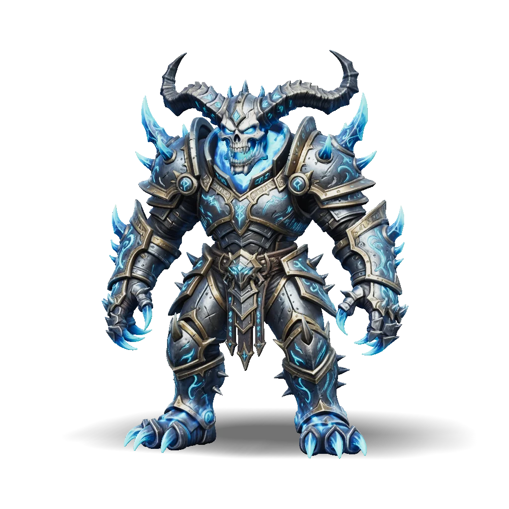 Flaming armored demon 3D game asset with bone plating, spiked horns and blue cosmic fire, from Tripo AI