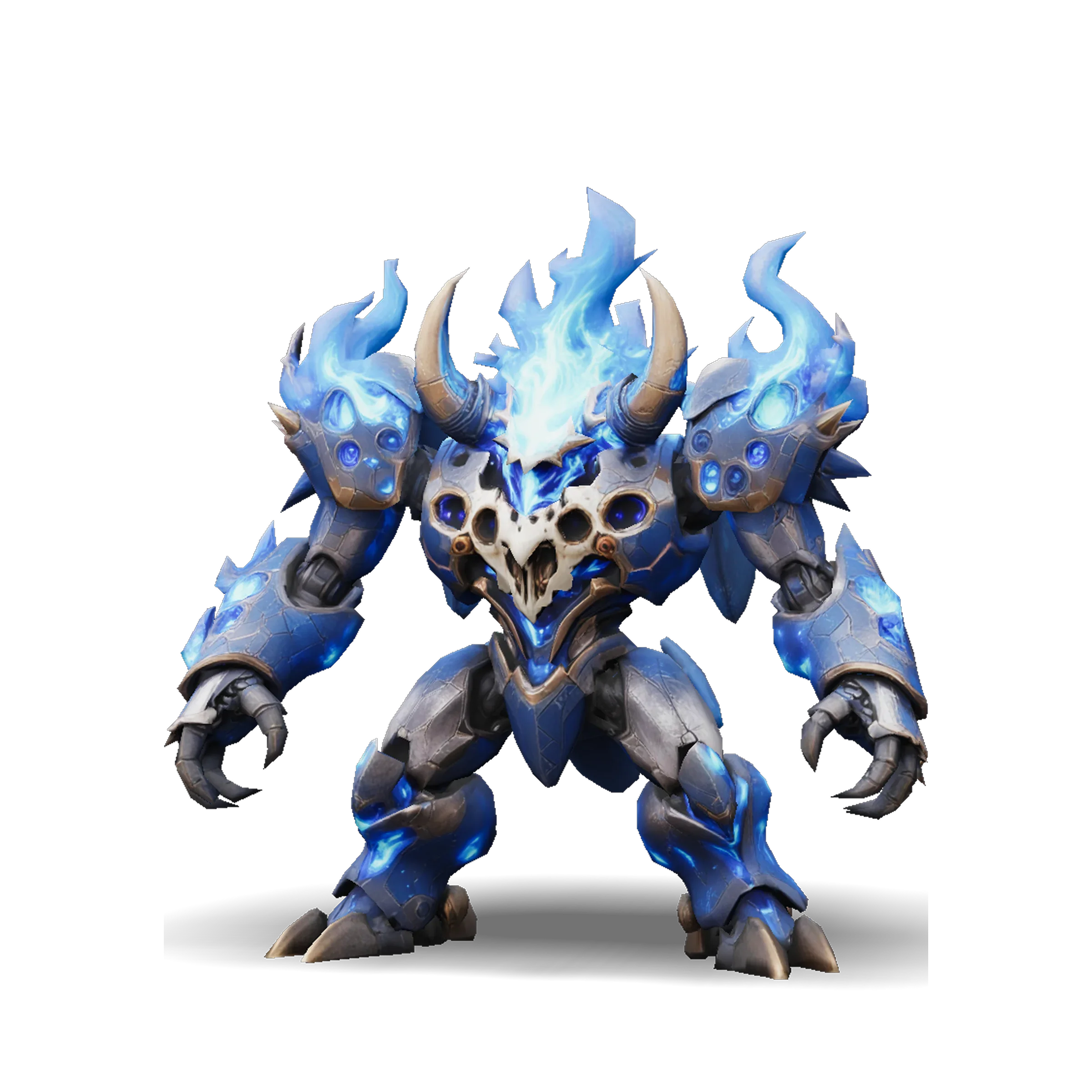 Flaming armored demon 3D game asset with bone plating, spiked horns and blue cosmic fire, from Tripo AI