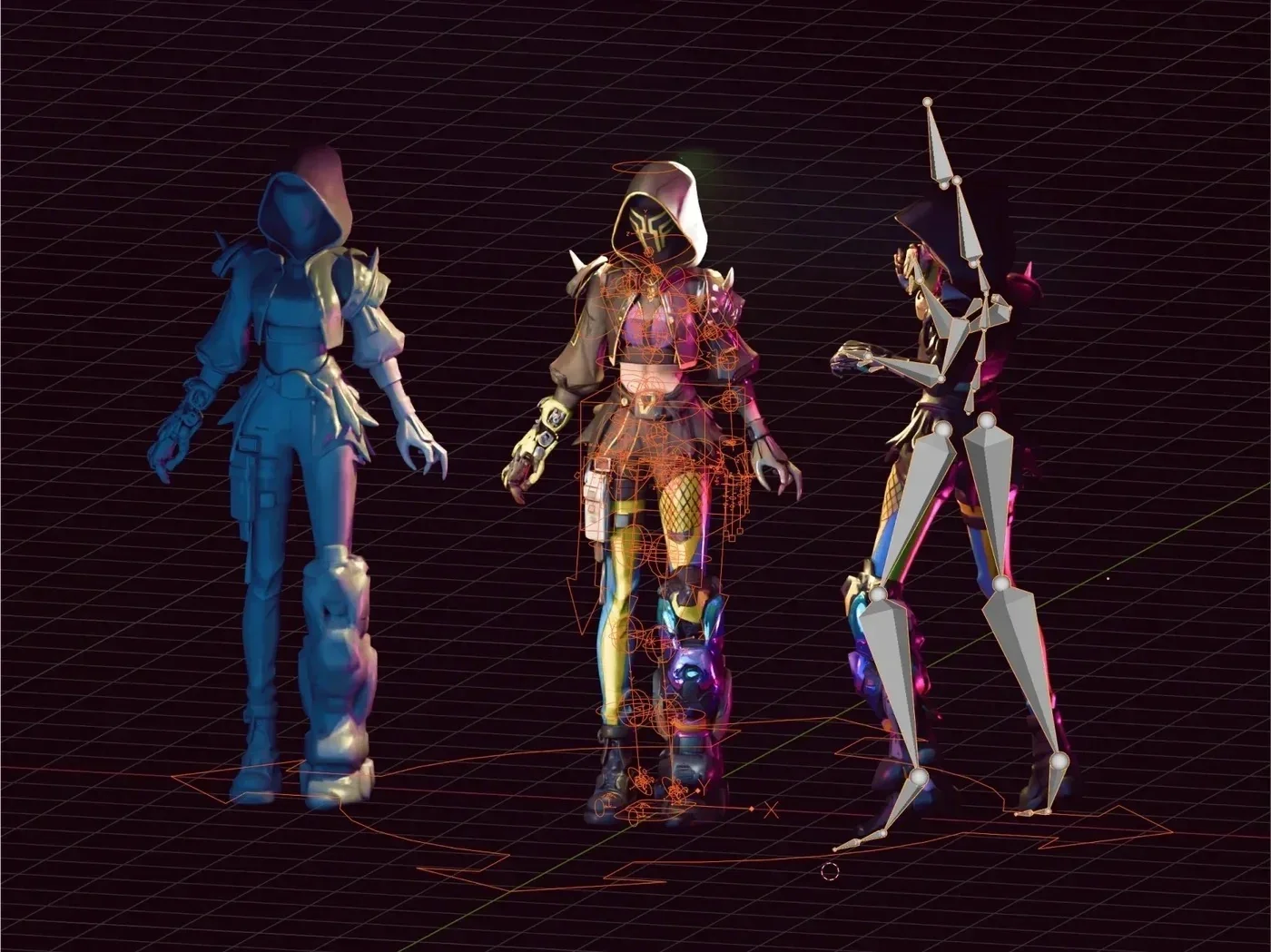 Free-tier auto-rigging turns a static character mesh into a posed, skinned skeleton ready for animation.