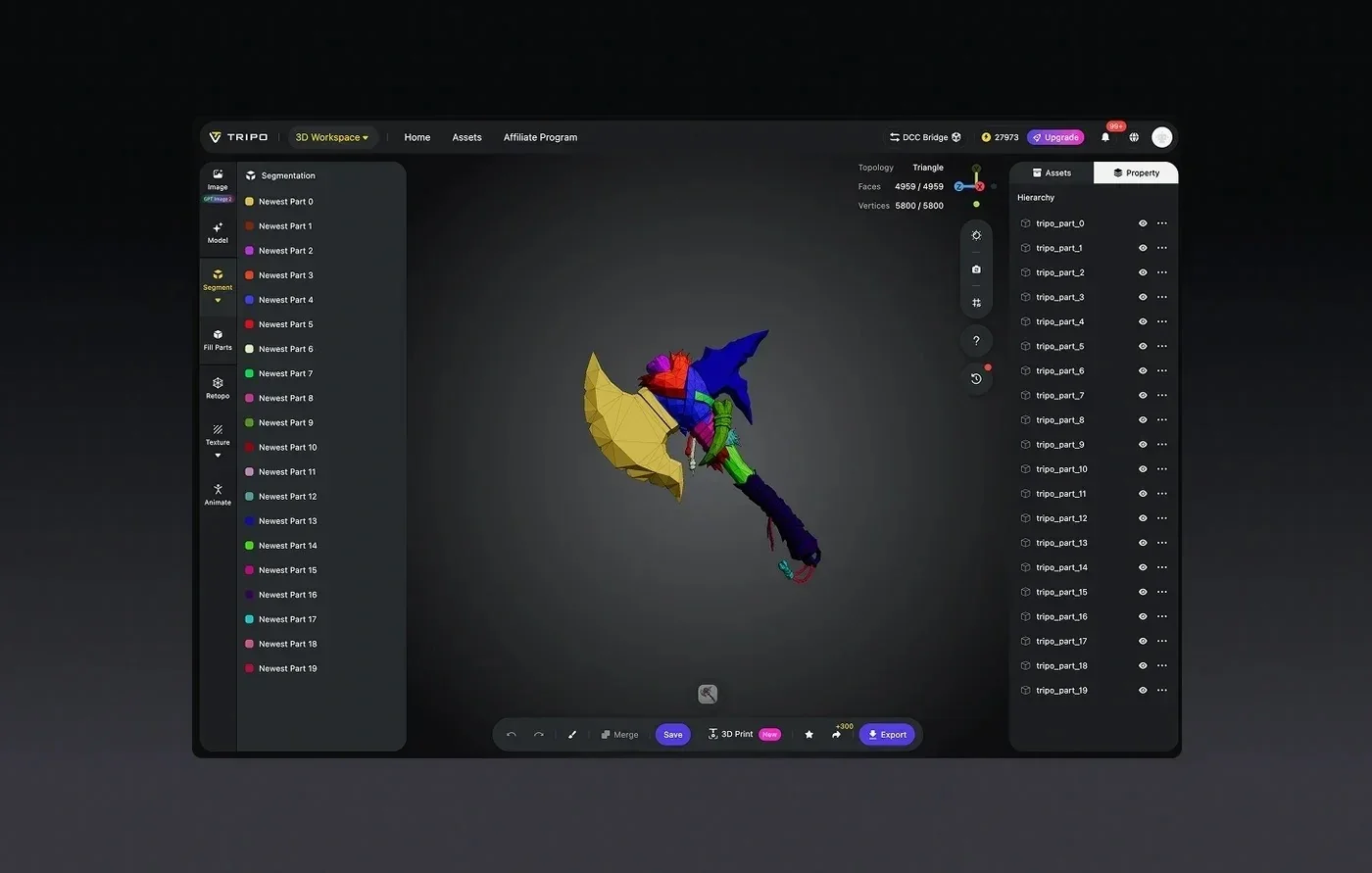 The Tripo Studio rigging panel builds a skeleton and applies preset animations before export.