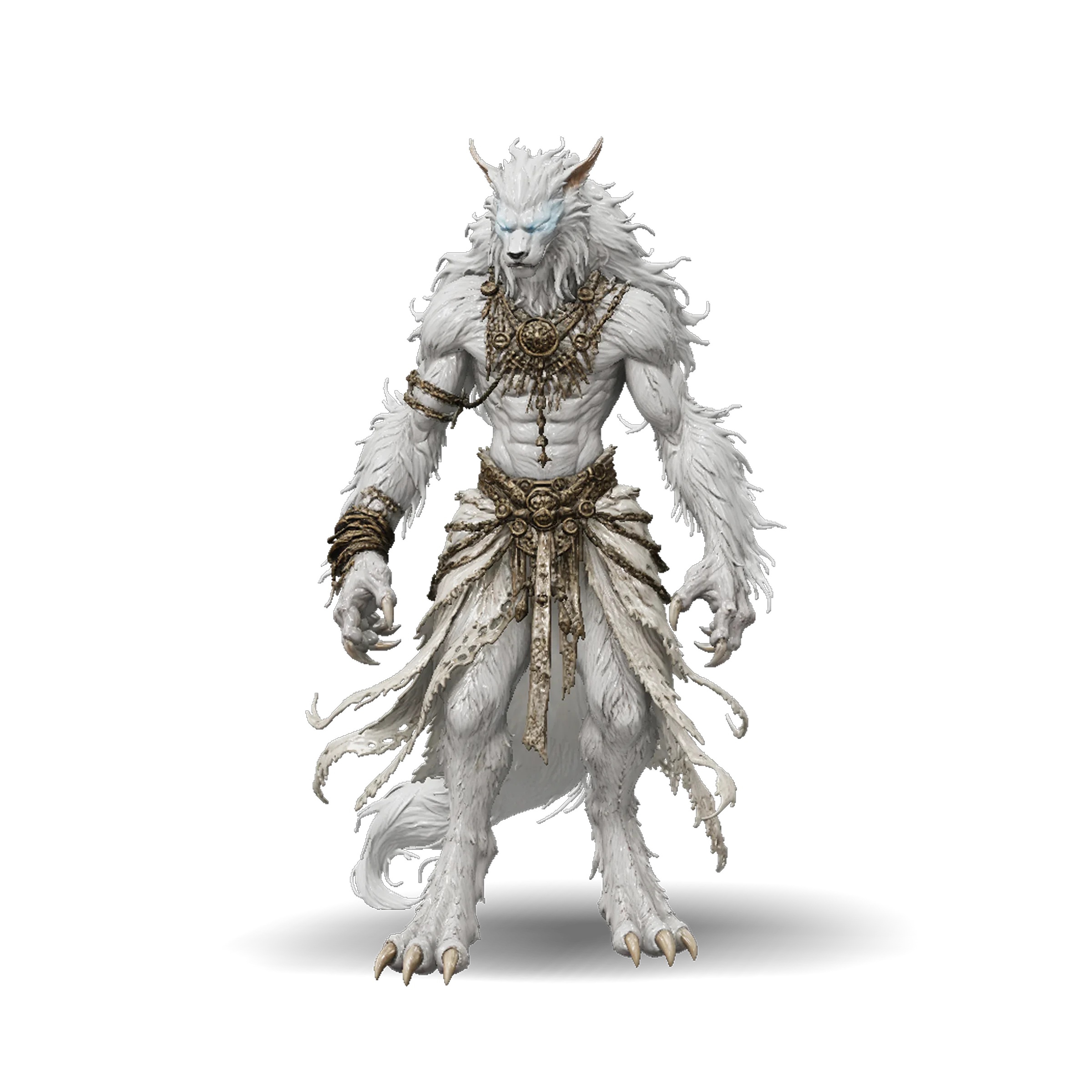 Frost humanoid fantasy creature 3D model in ornate gold jewelry, blue eyes and white fur texture