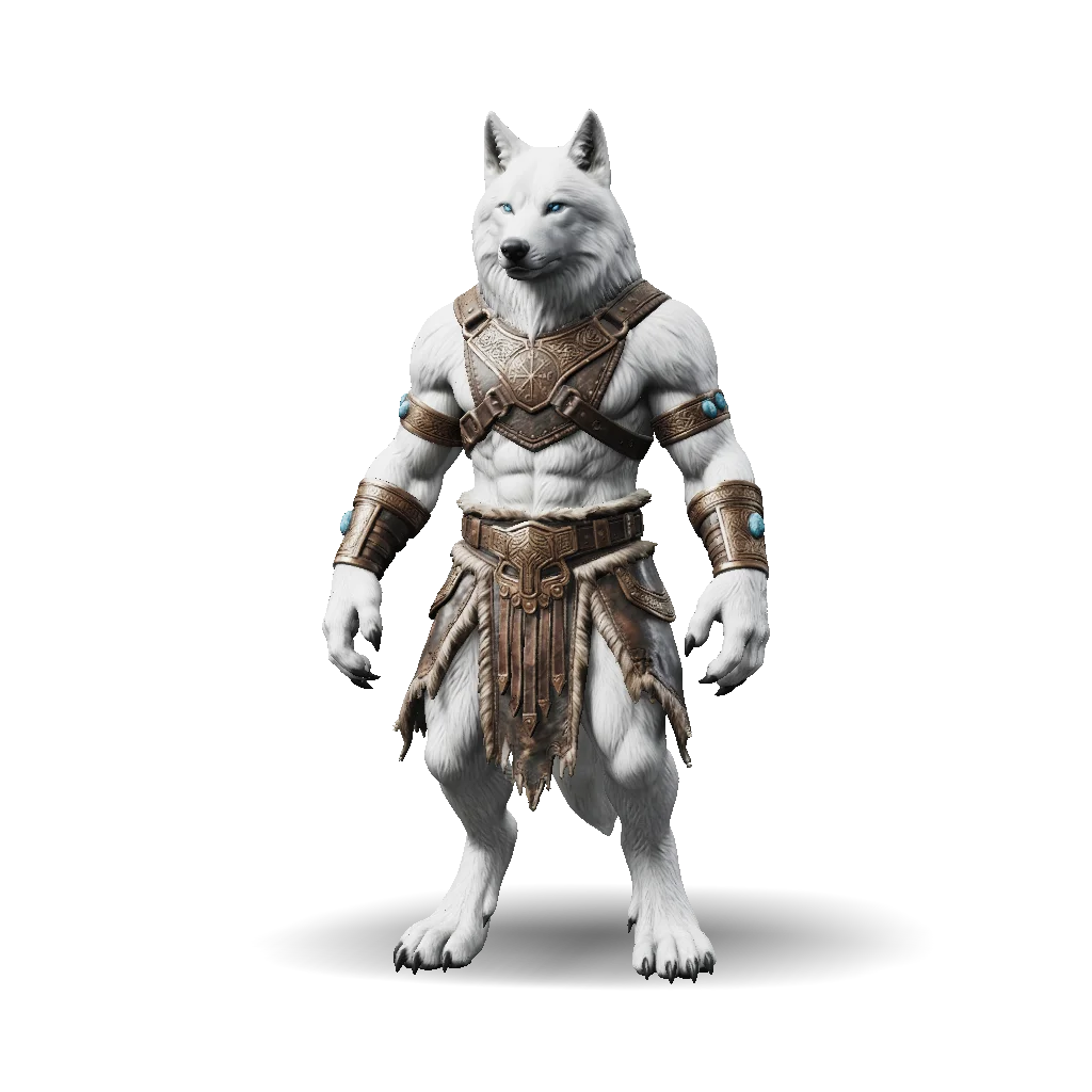 Frost-themed humanoid fantasy creature with blue eyes and textured white fur, modeled with Tripo AI