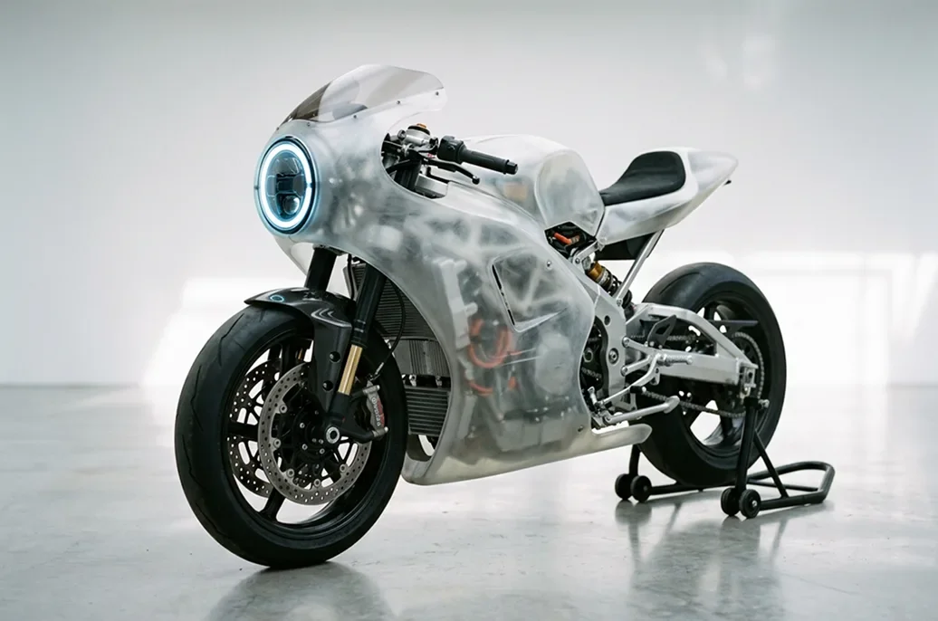 Sleek futuristic concept motorcycle with translucent white body, circular LED headlight, and exposed internals in a clean studio setting