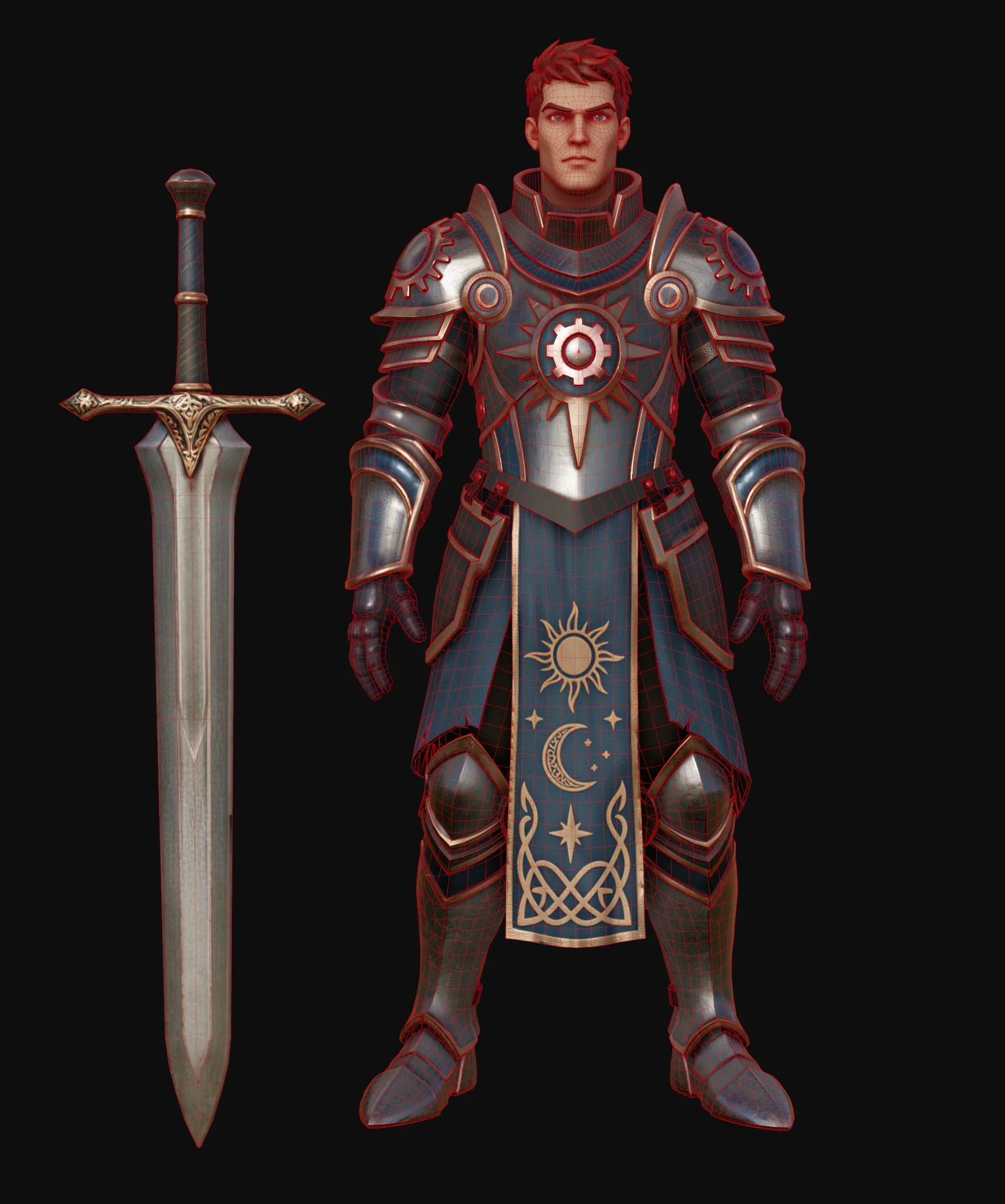 02 a full body view of the armored knight and sword showing the blue armor red and gold details and coo
