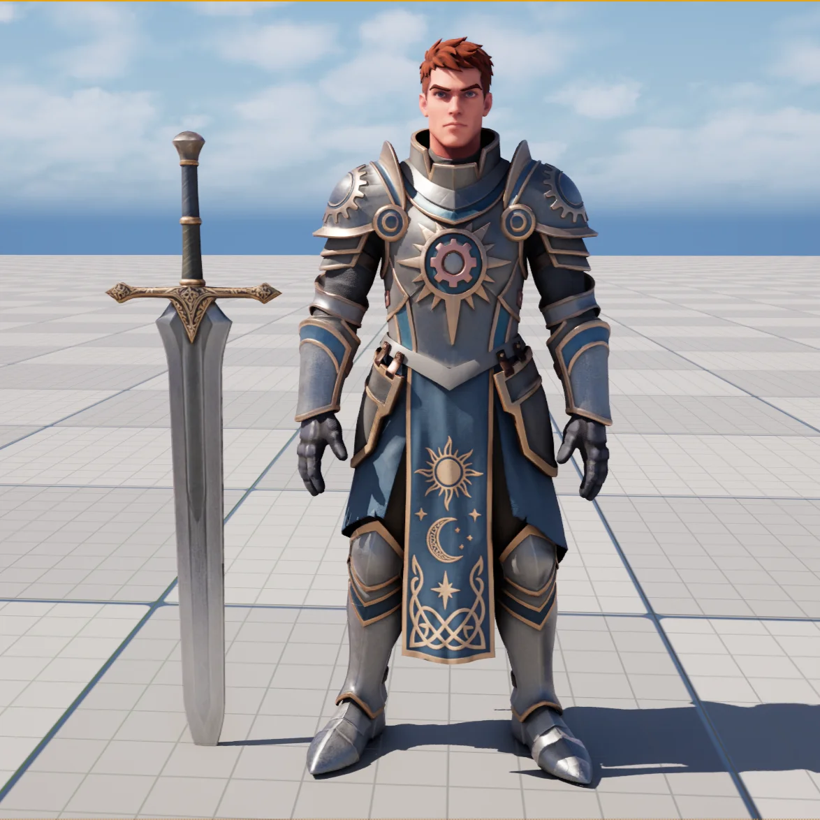 03 a silver armored male character with blue accents holding a sword on a gridded ground plane the imag