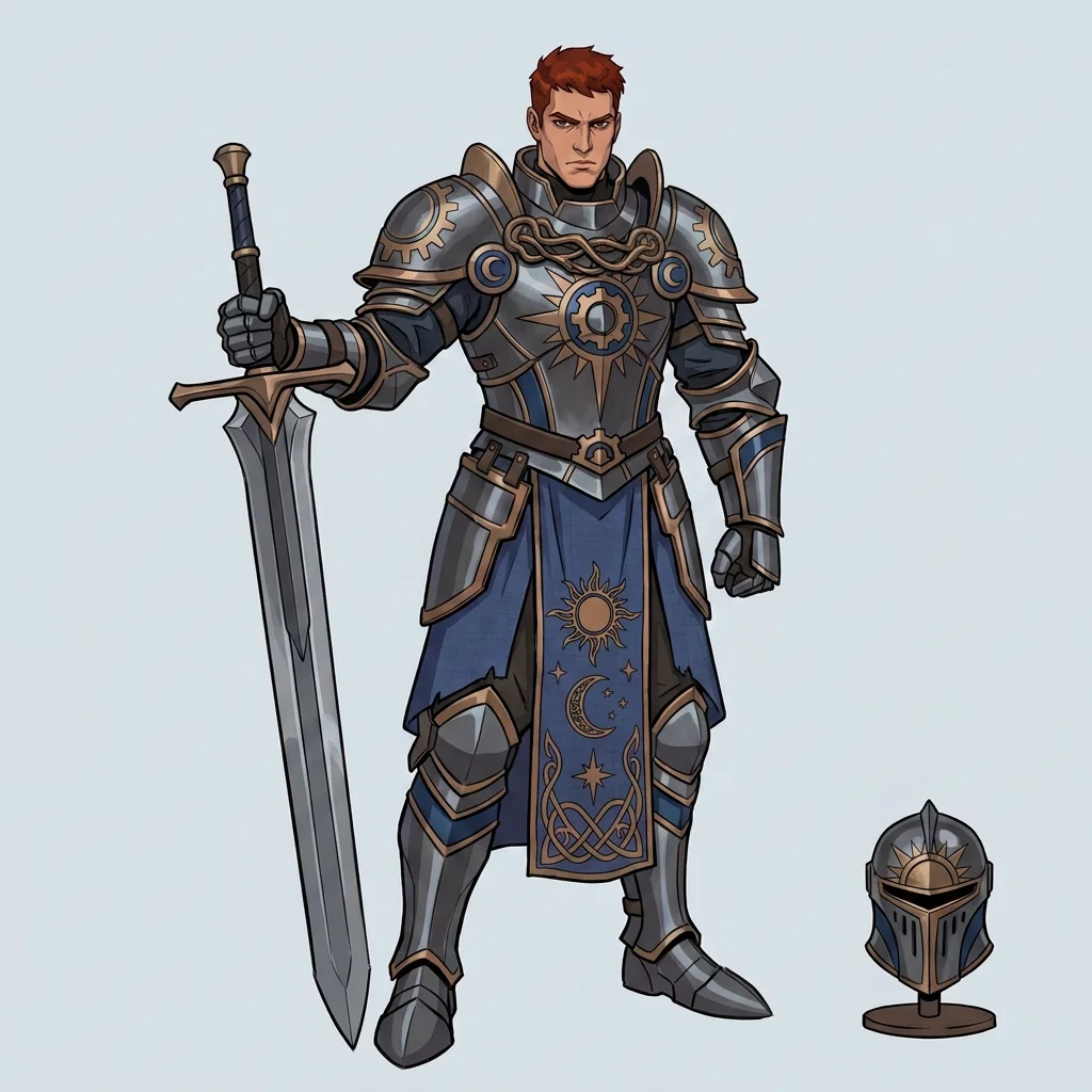 04 a front view concept design of an armored knight with silver armor blue fabric gold ornamentation a