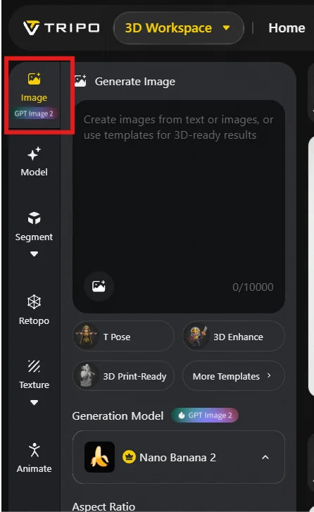 06 the tripo 3d workspace with the image panel open the panel provides image generation and editing opt
