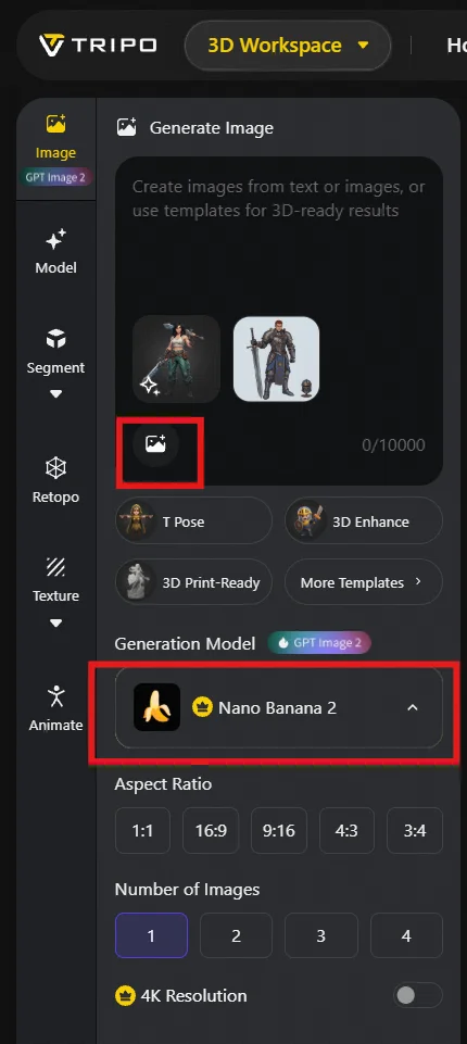 09 tripo image generation settings with the generation model set to nano banana pro alongside aspect ra
