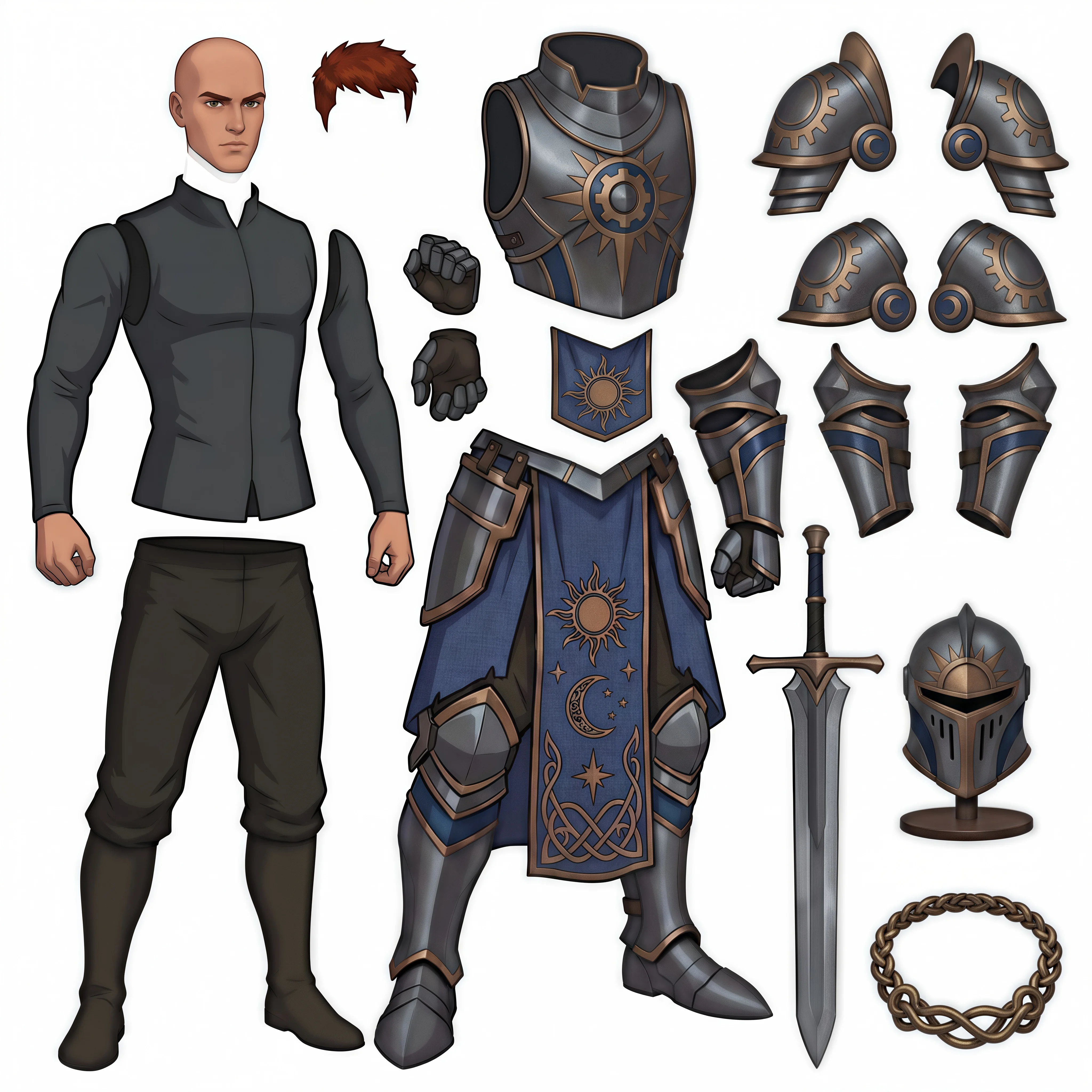 11 a component breakdown of a character showing the full figure alongside separate armor helmet cape sw