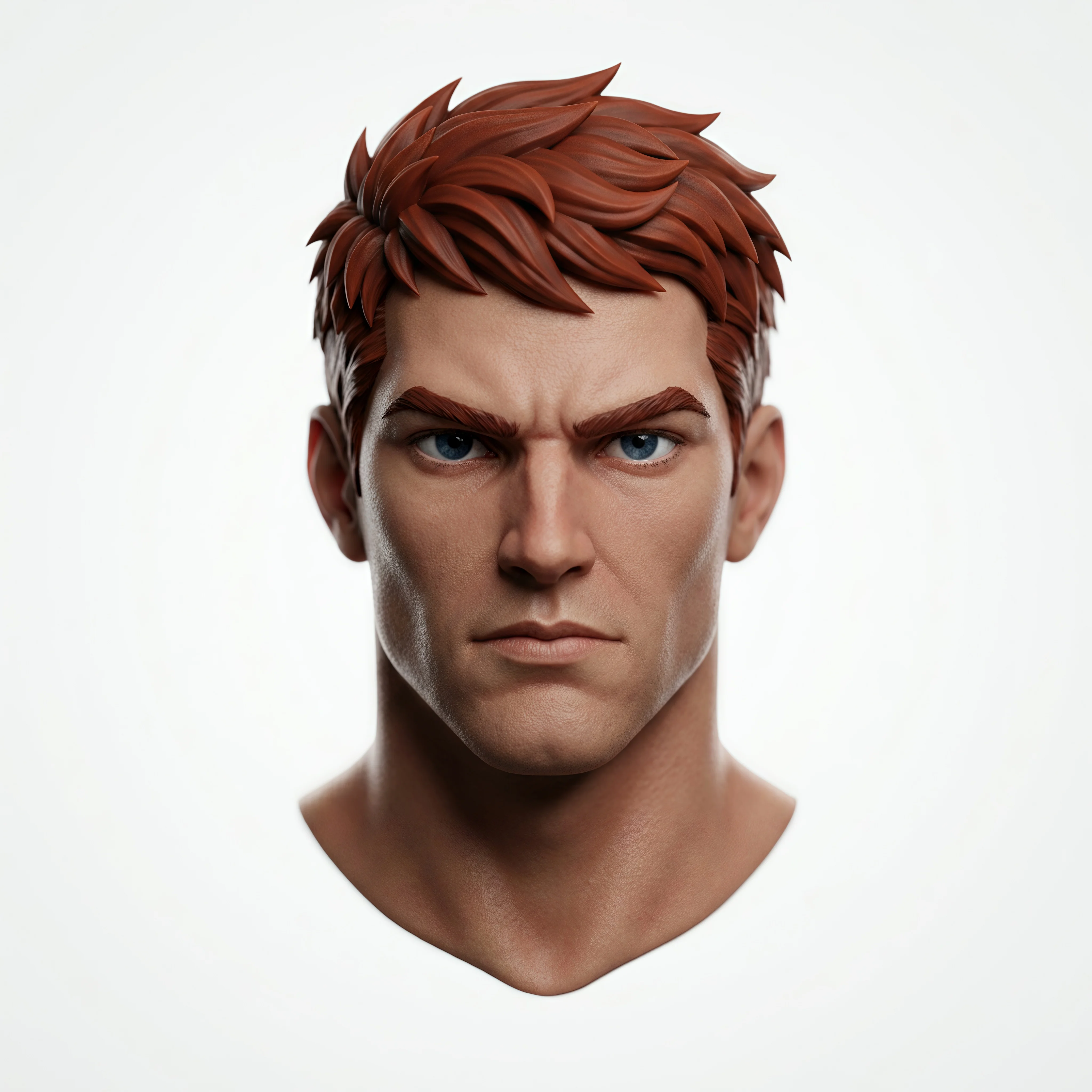 19 a detailed 3d head model with red hair and defined facial features illustrating a refined character