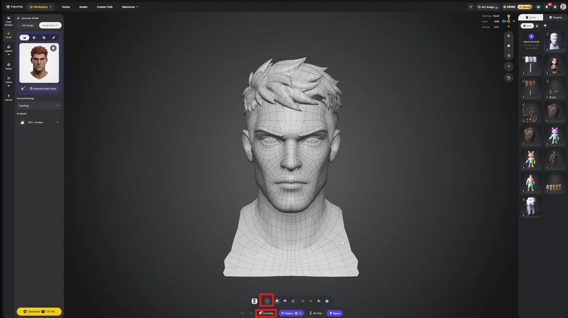 23 a tripo viewport showing a generated head model with wireframe topology generate and retry controls