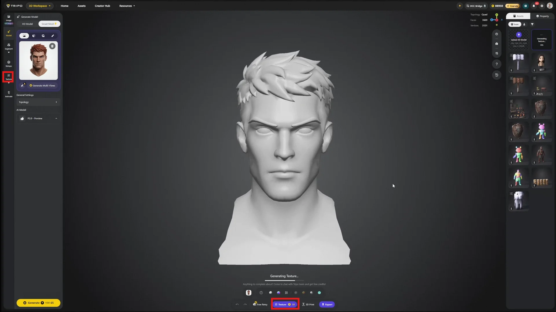 27 the tripo texture generation interface with the texture option highlighted and the generate control