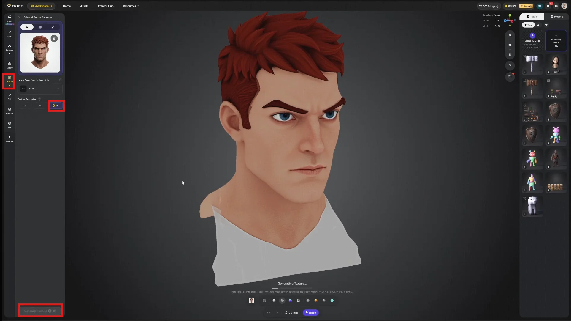 29 the tripo texture generation interface with the texture generation and 8k options highlighted along
