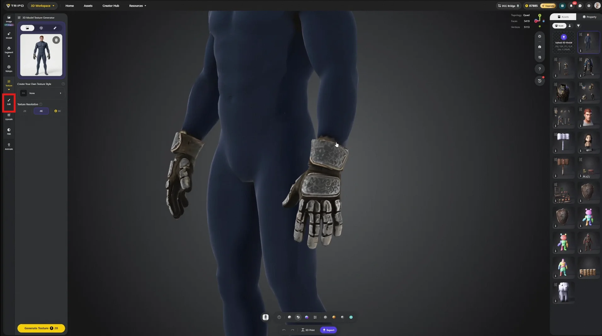 31 the tripo texture editing interface with the edit tool highlighted beside a character model and mode