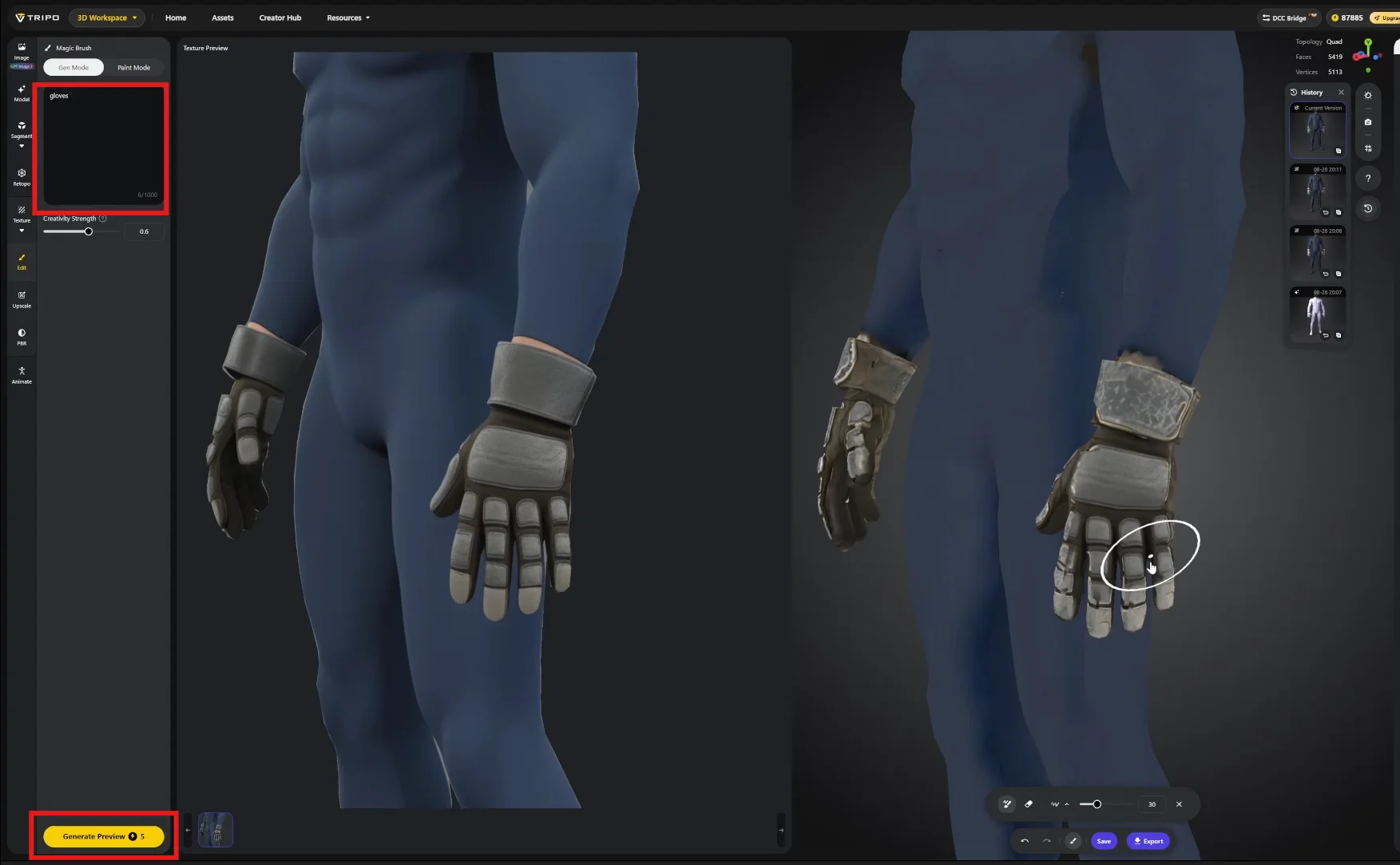 32 the tripo texture editing interface showing a close up of the hand area with edit and generate previ