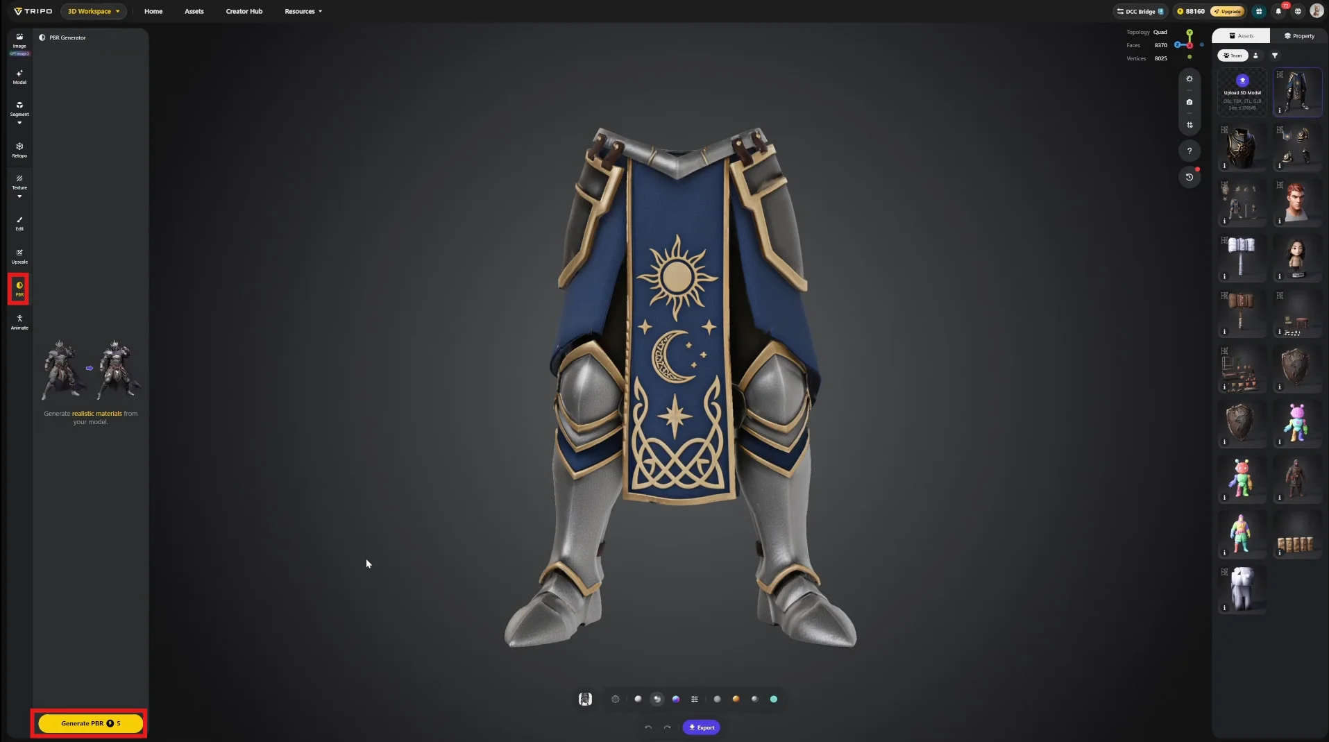 33 the tripo pbr interface showing a textured armored character and the pbr control highlighted in the