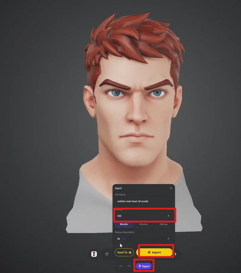 36 the tripo export dialog with fbx selected and the export button highlighted