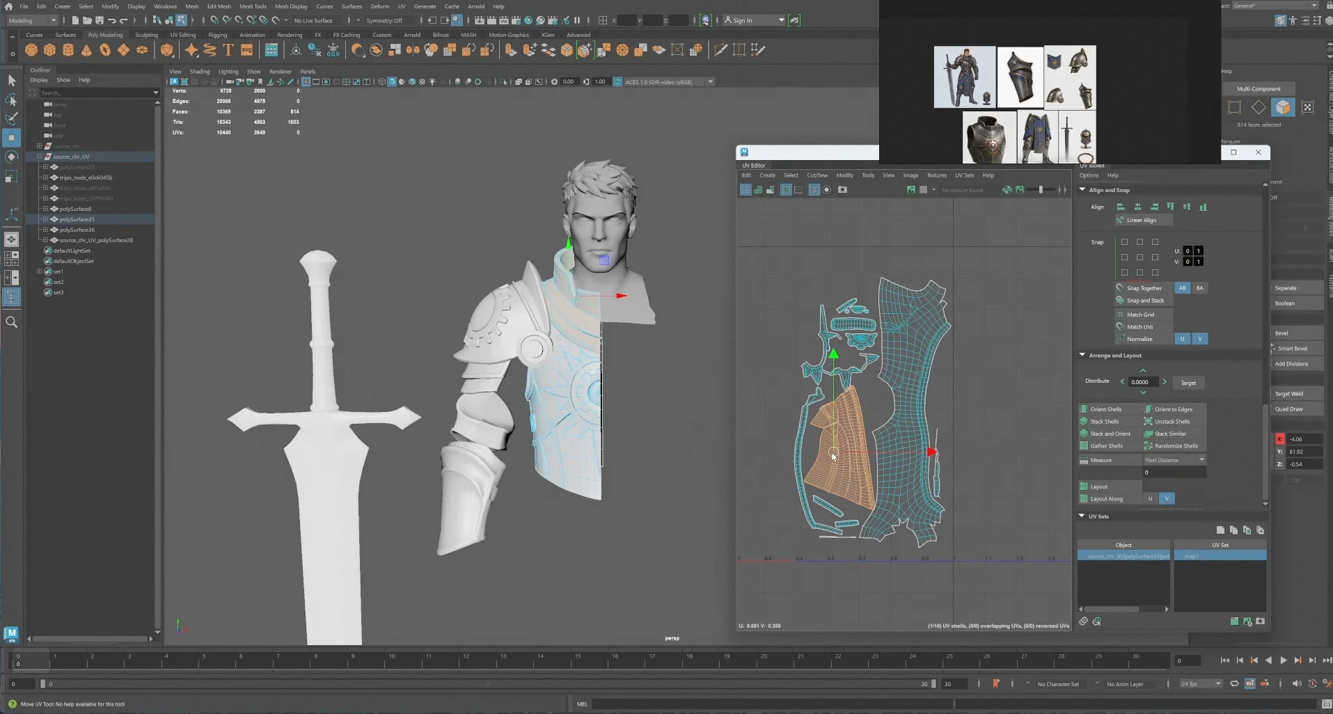 42 a maya workspace showing a half model uv editor sword shoulder armor and reference image for the uv