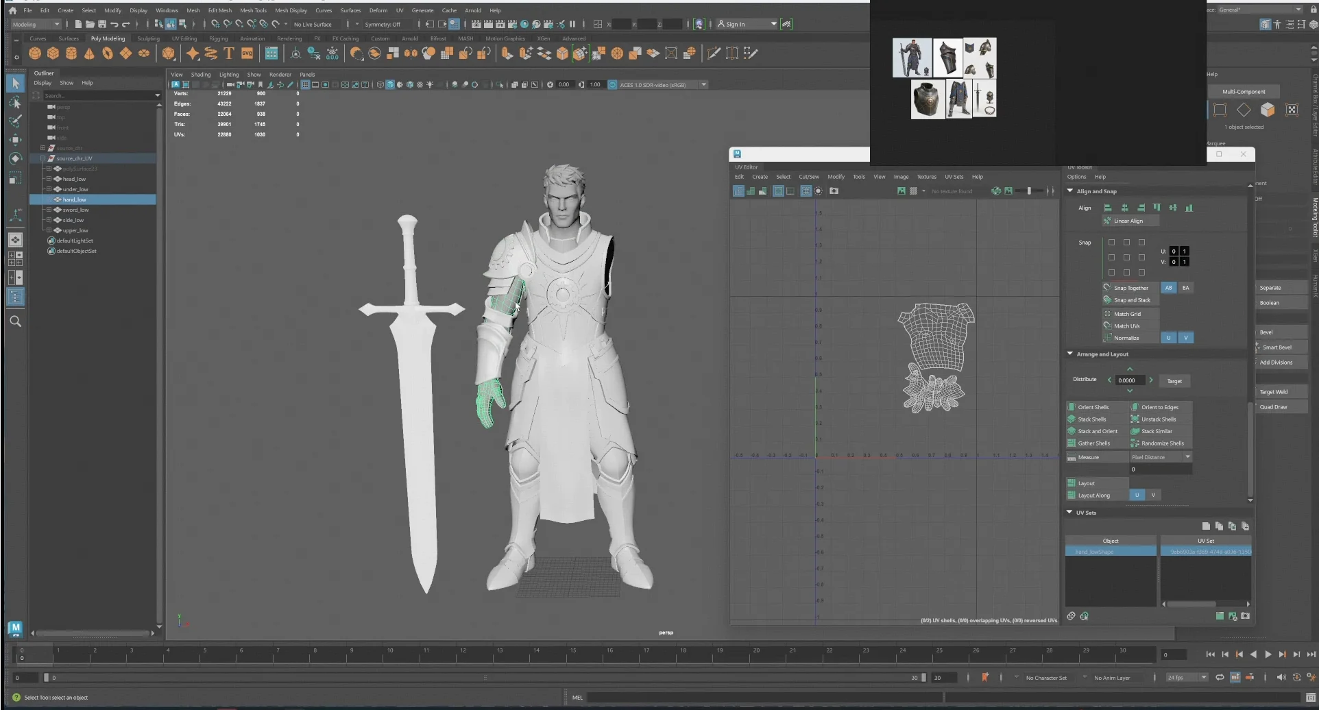 43 a maya workspace showing the character hierarchy model components reference image and uv editor duri