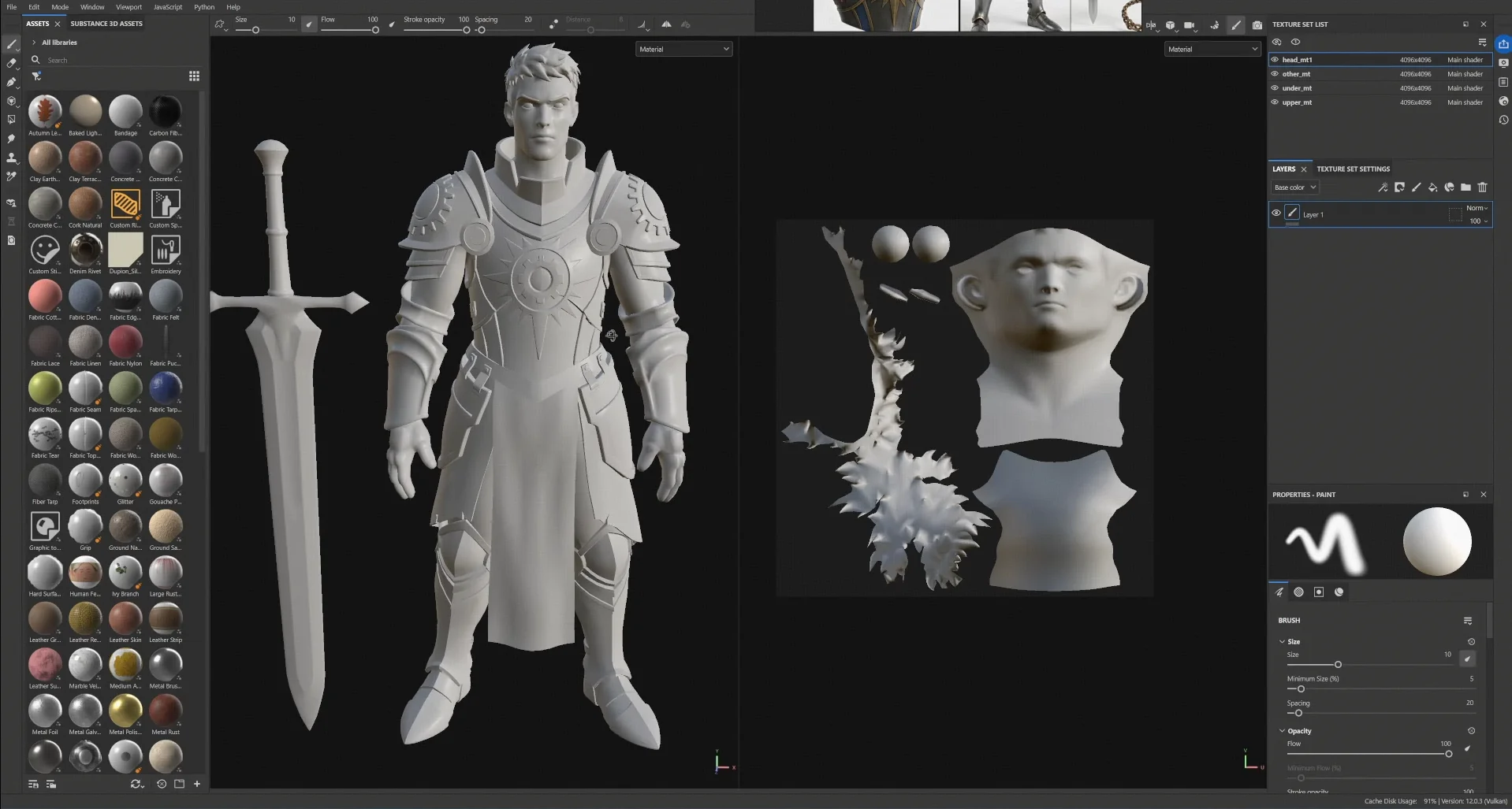 46 a substance painter workspace showing an armored character material presets texture details and refi