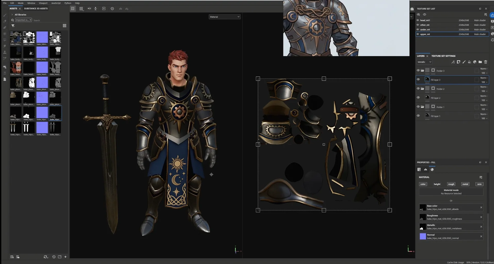 47 a substance painter workspace showing the full armored character material library texture details an