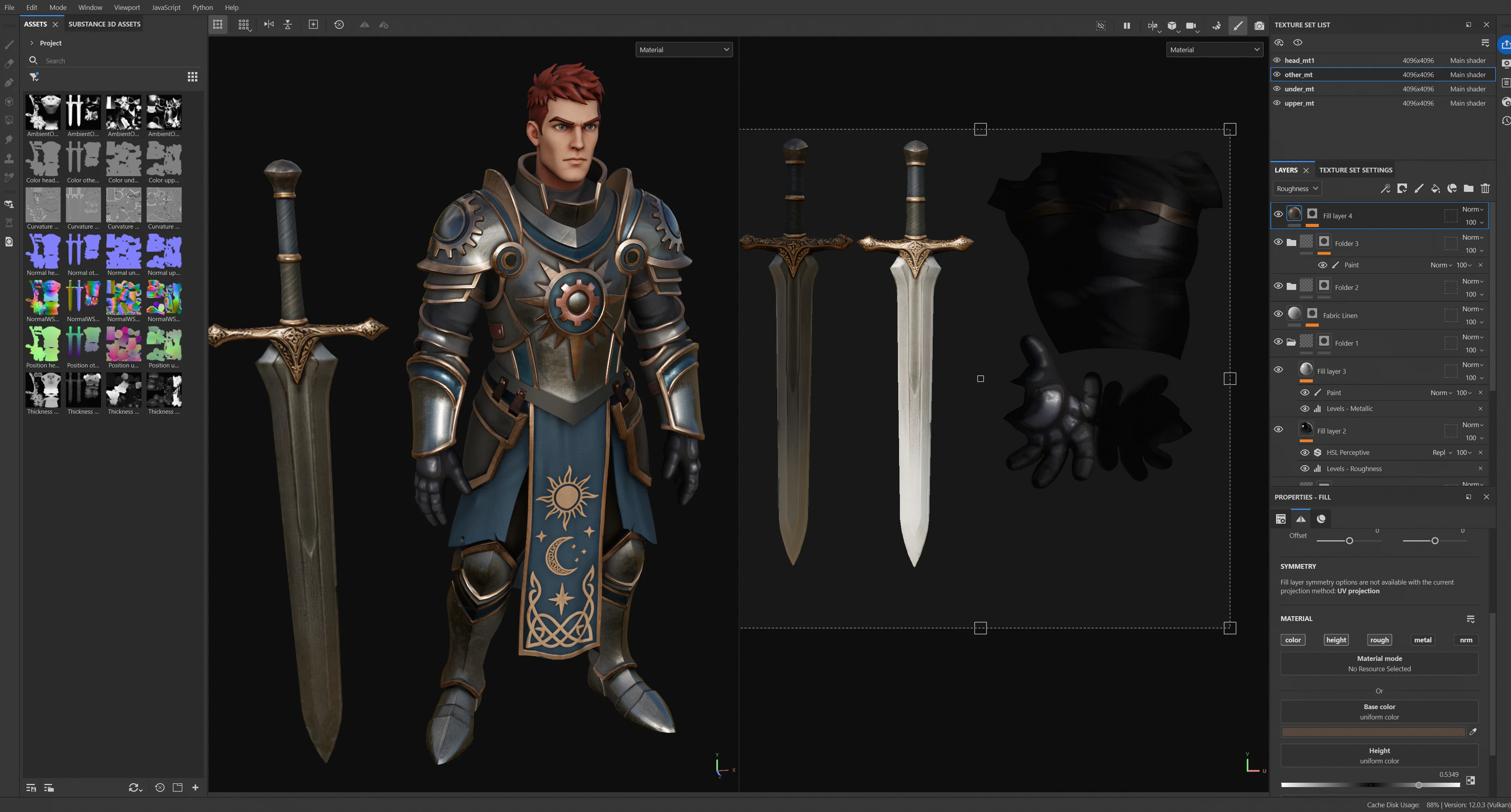 48 a substance painter workspace showing the final art refinement stage for a textured armored characte