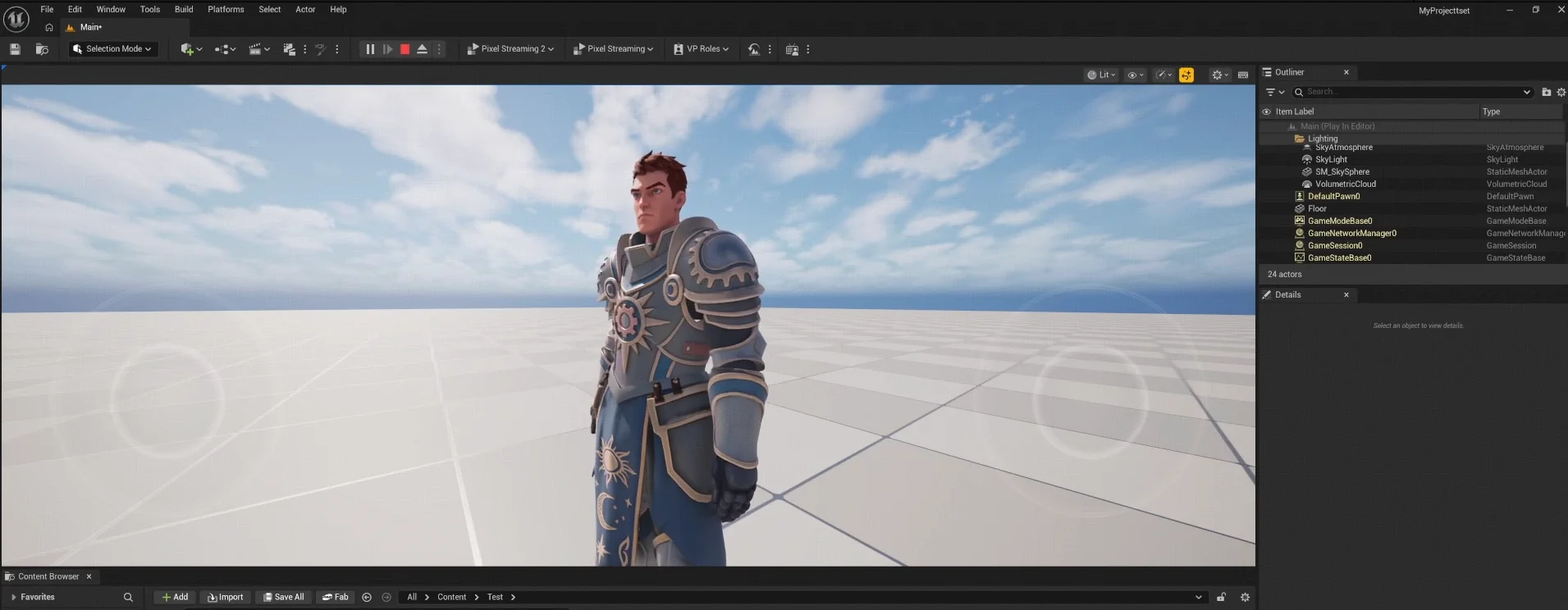 49 an unreal engine viewport showing the imported armored character on a gridded floor with the content