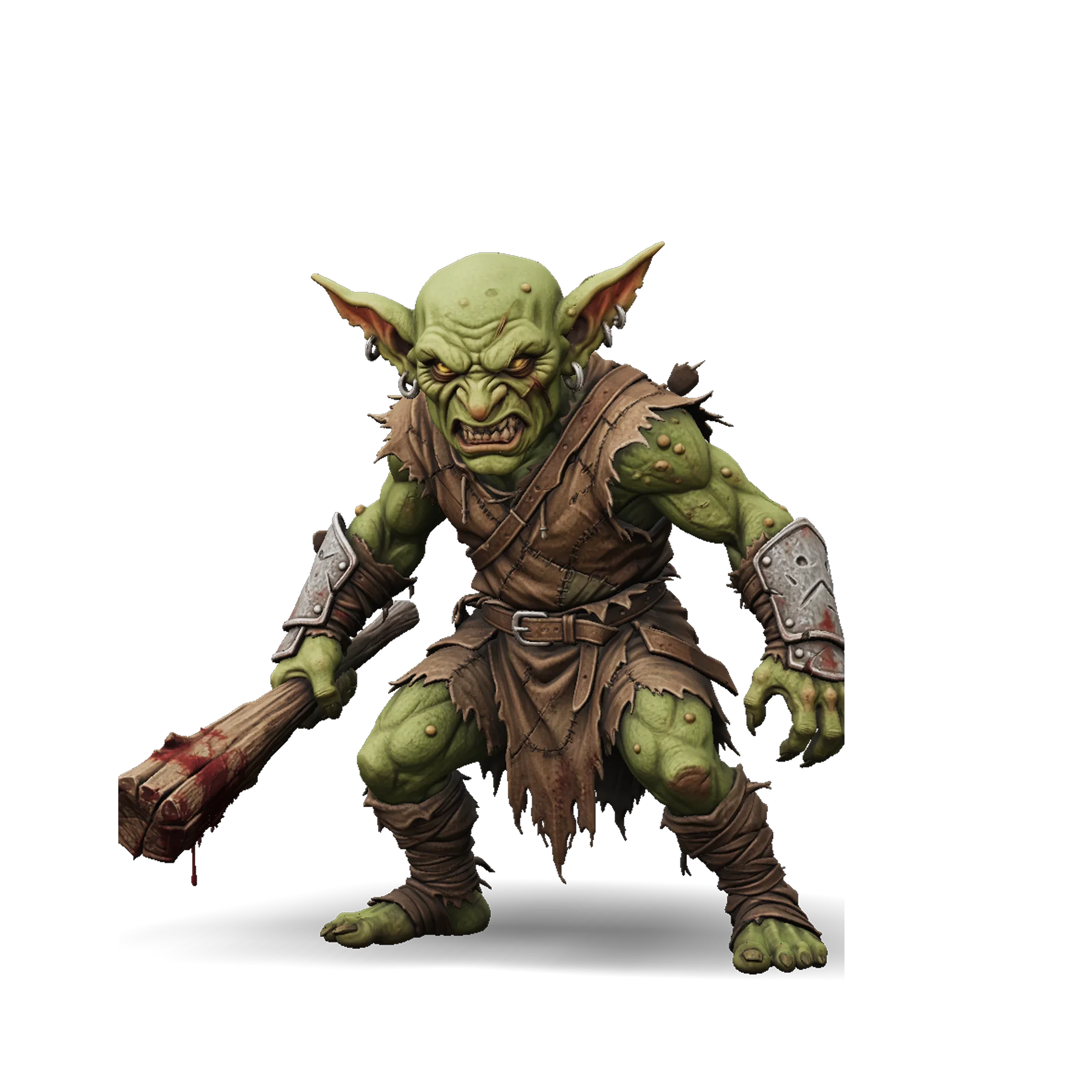 Green goblin 3D game asset in a ragged brown tunic with metal bracers and a wooden club