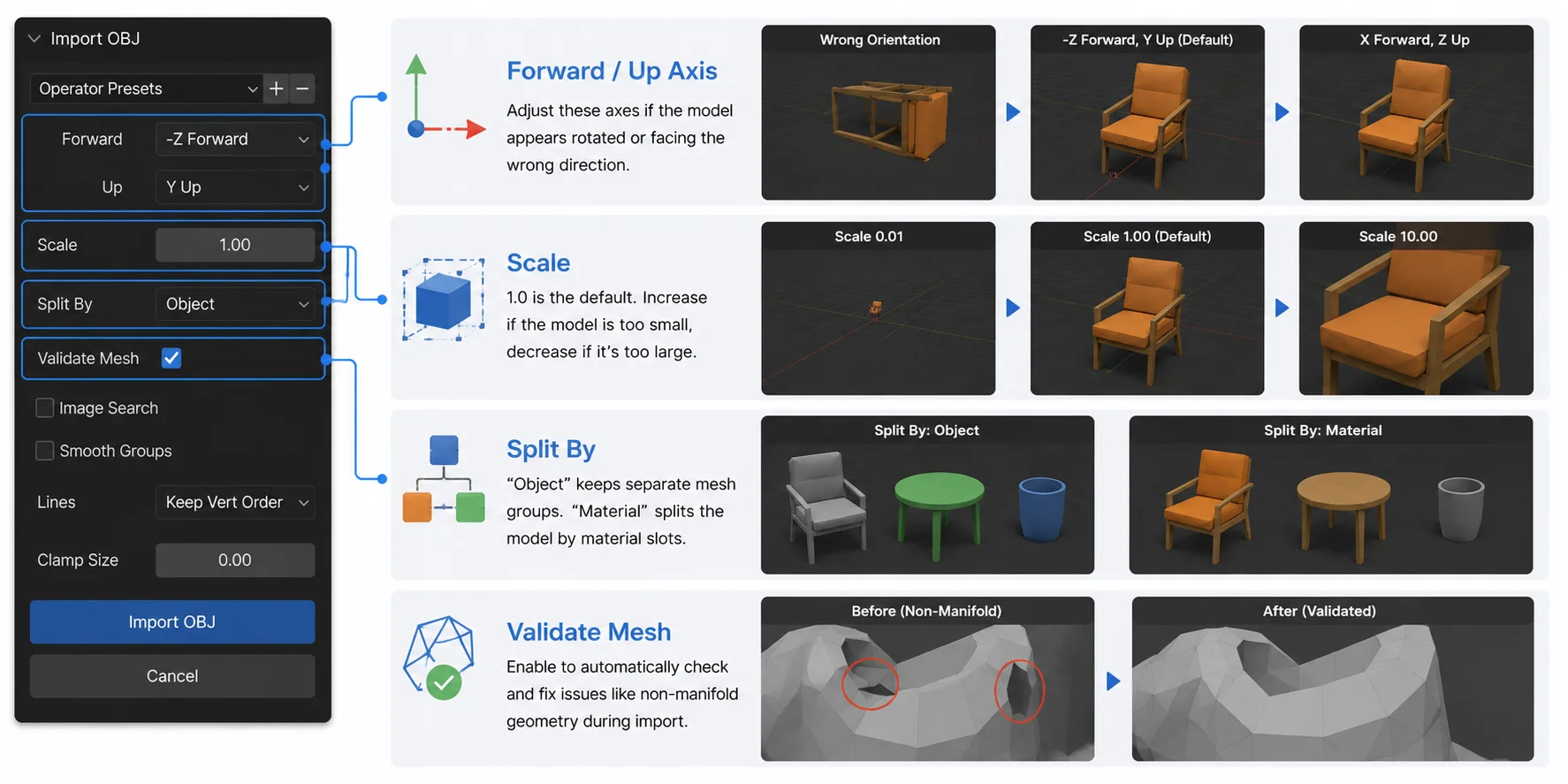 how to add an obj file in blender import settings options