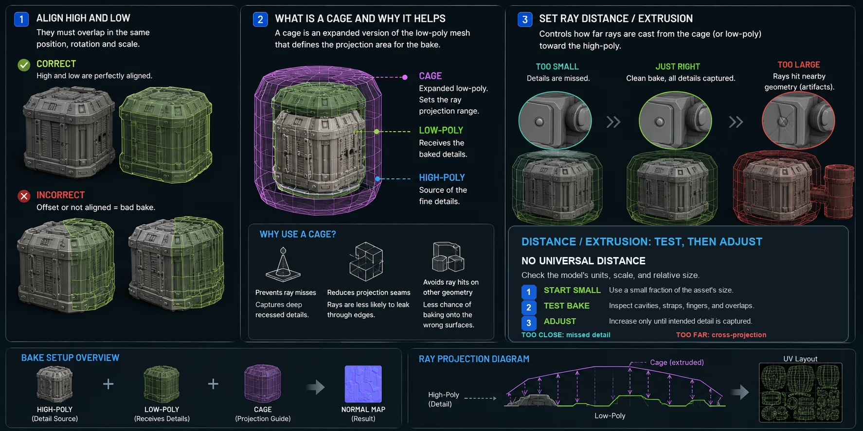 normal bake projection setup with high poly low poly and cage