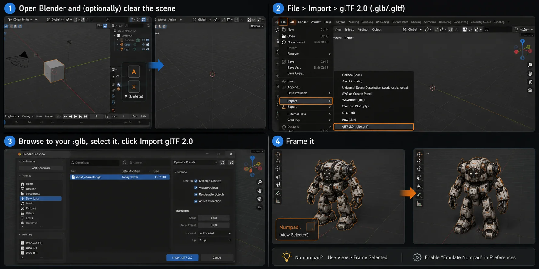 blender glb import steps