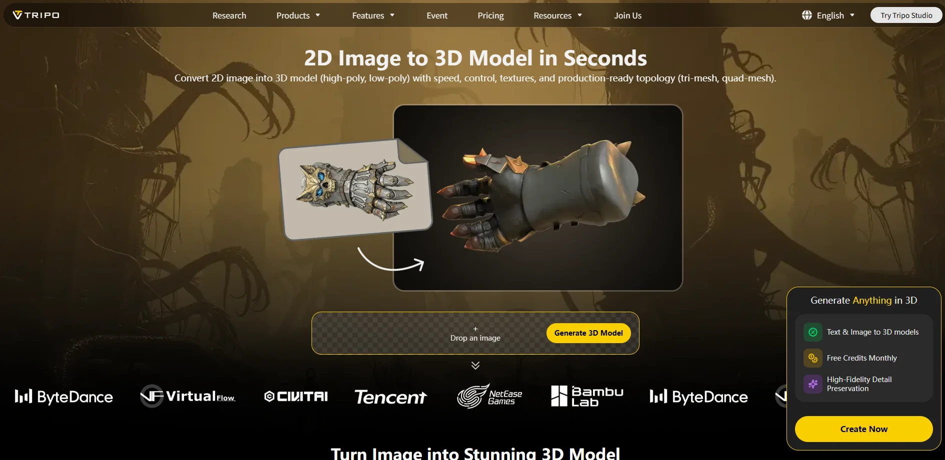 tripo ai image to 3d interface