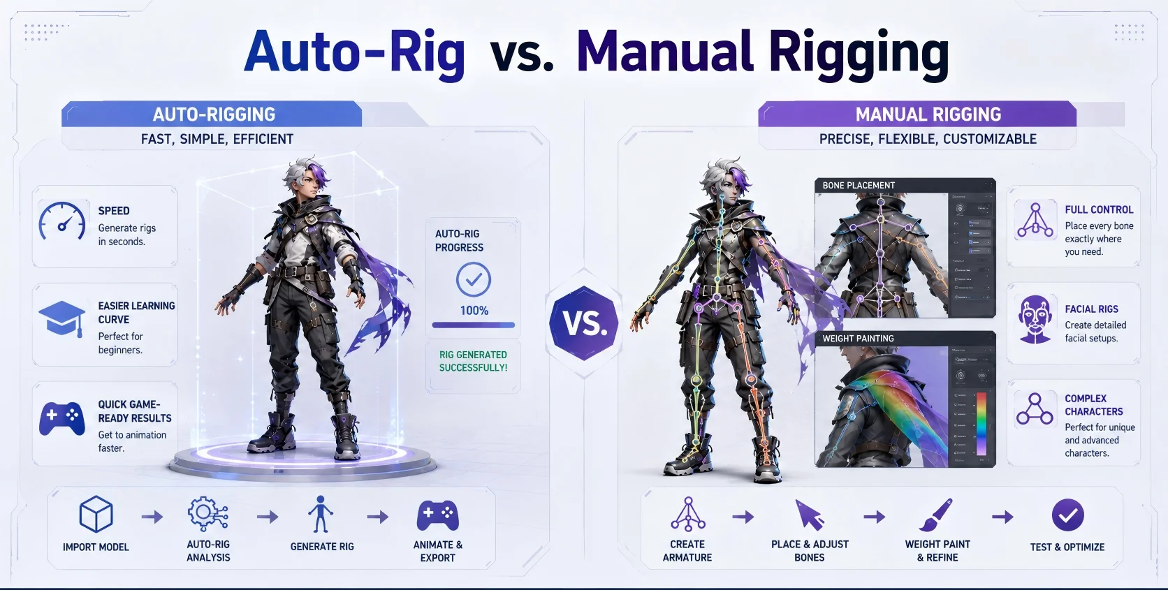 auto rigging vs manual rigging comparison speed control tradeoffs