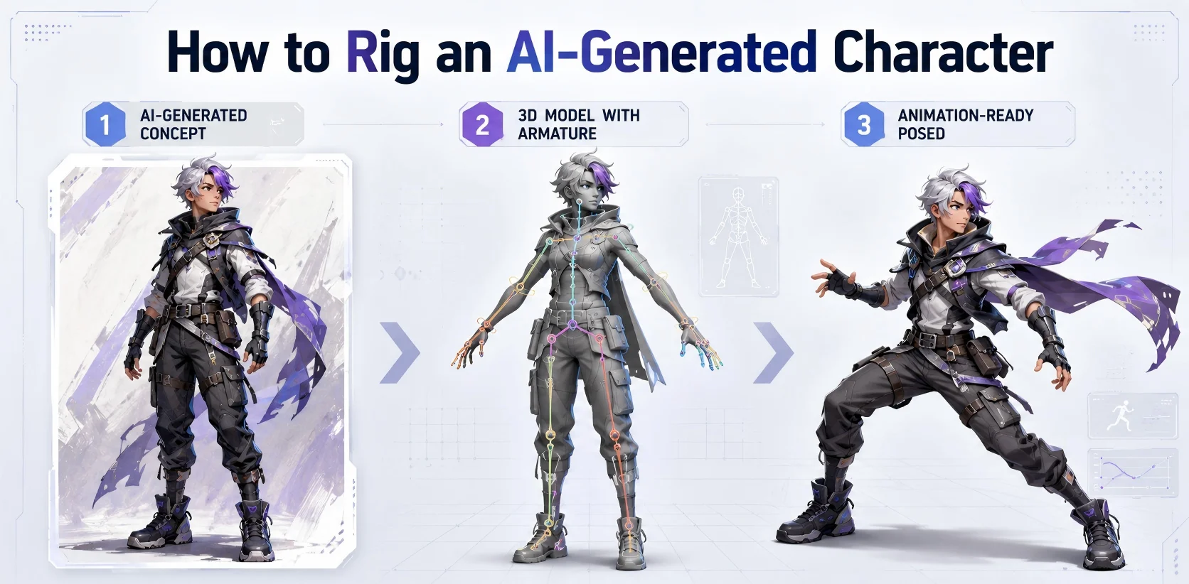 three step diagram ai concept 3d model armature animation ready character