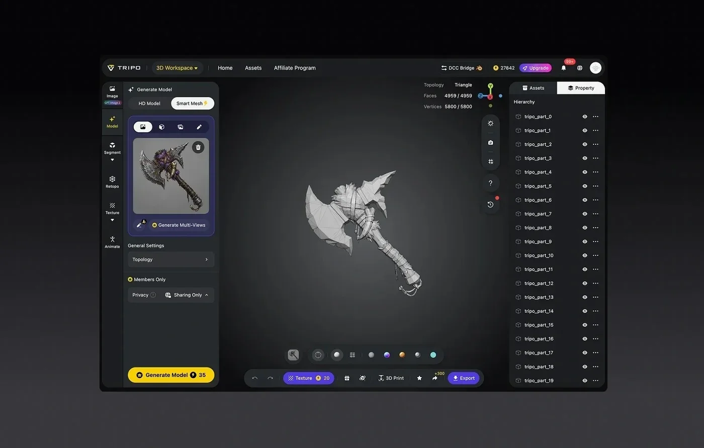 Retopology controls in Tripo Studio, where you set Triangle or Quad topology and an Auto or manual polygon count before export.