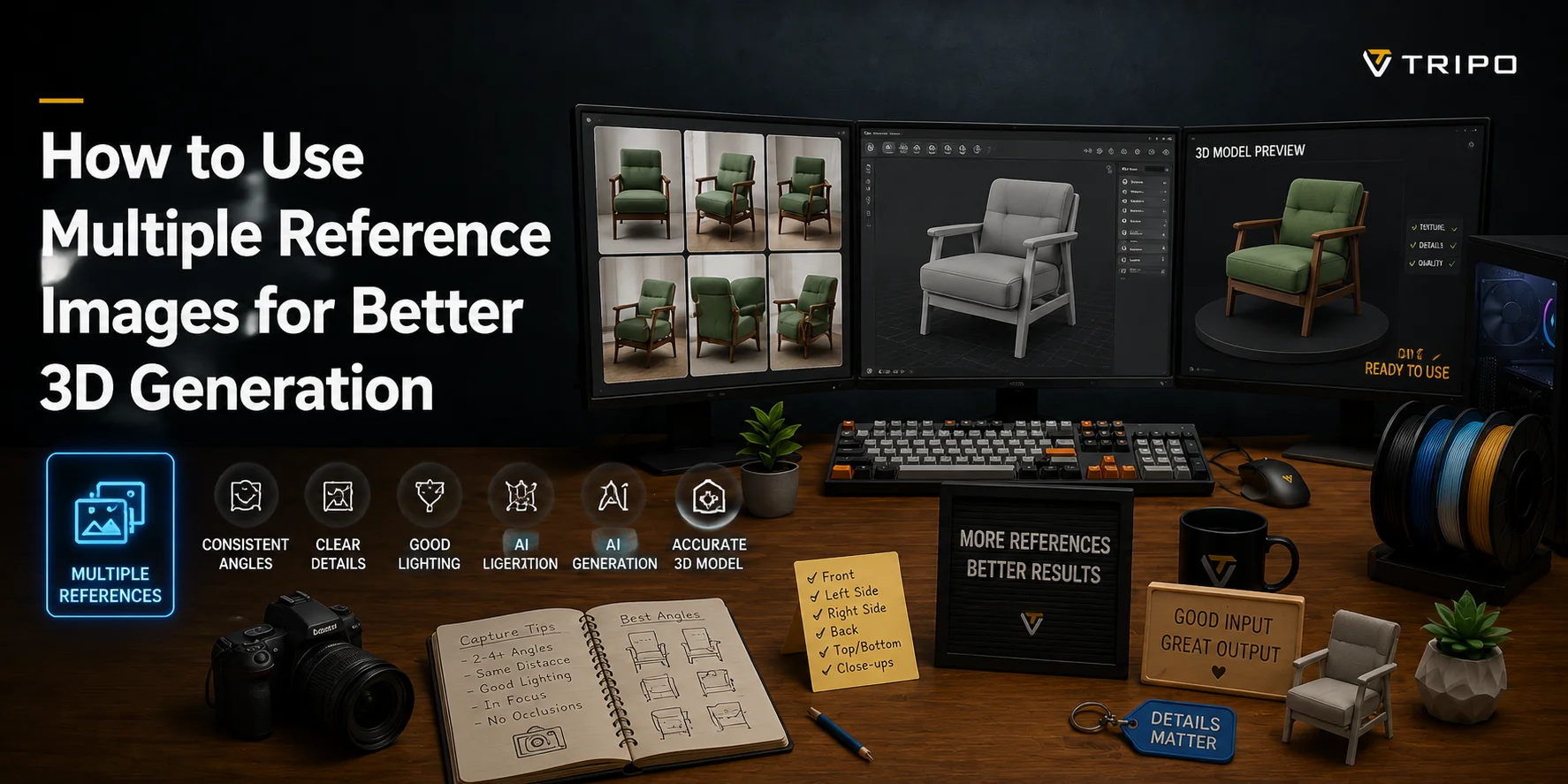 workstation showing multiple reference images and a generated 3d chair
