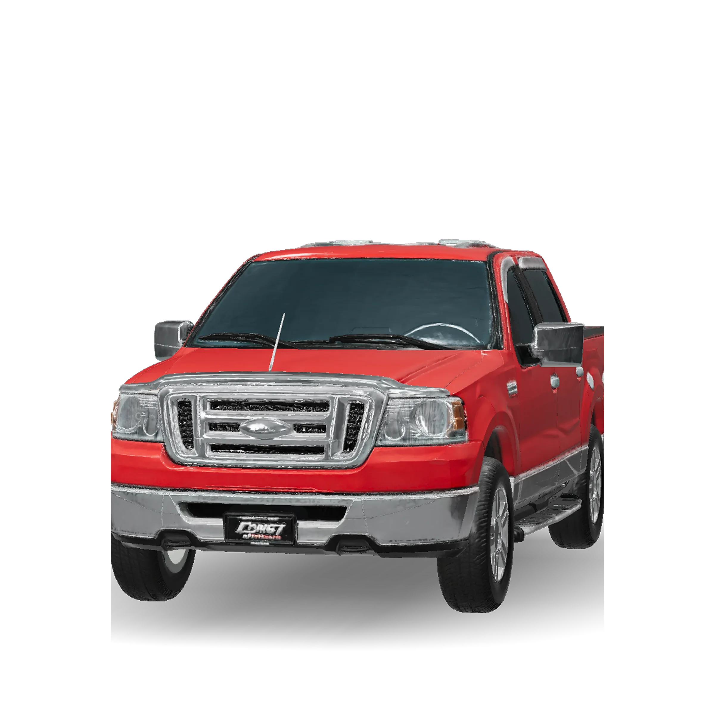 Red pickup truck 3D model with a chrome grille, silver bumper, black trim and side steps, in Tripo AI