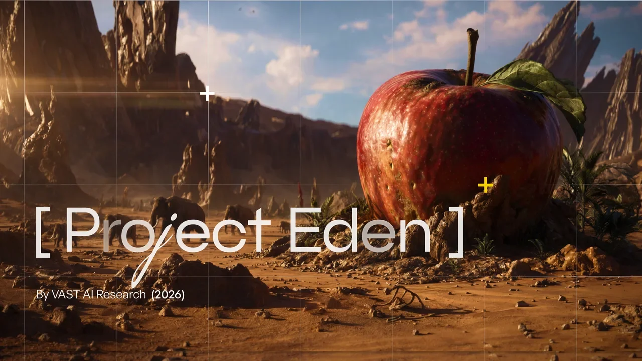 Project Eden title banner showing a giant red apple in a desert canyon landscape, by VAST AI Research