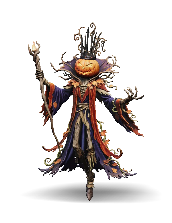 Pumpkin King 3D character, a pumpkin-headed sorcerer with a jagged crown and fiery staff in gothic fog