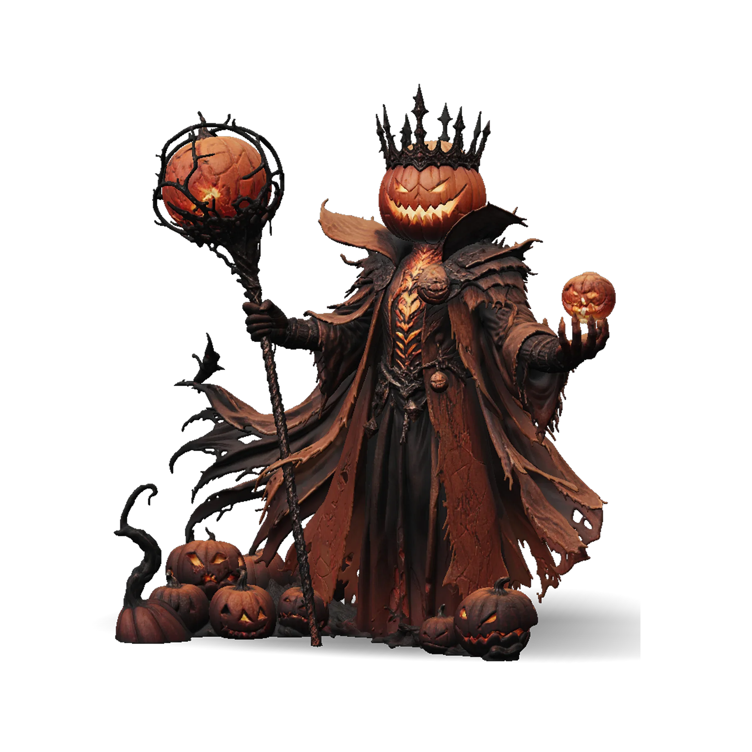 Pumpkin King 3D character, a pumpkin-headed sorcerer with a jagged crown and fiery staff in gothic fog