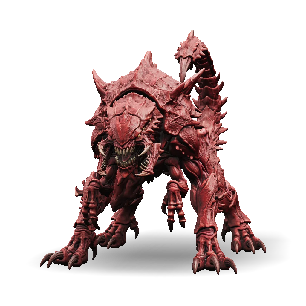 Red monster-like 3D creature with armored spikes and a long, spiked tail