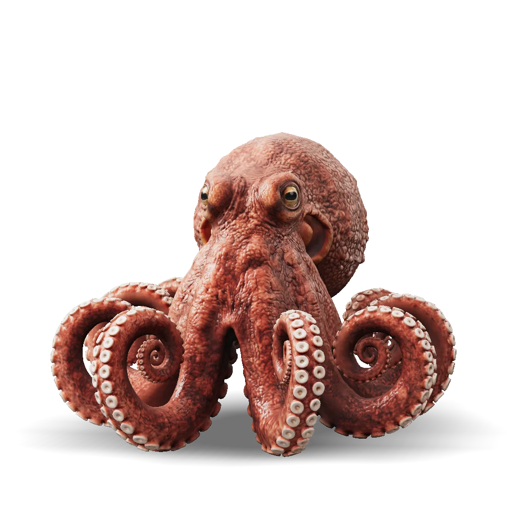Red octopus model with detailed skin texture and curling tentacles