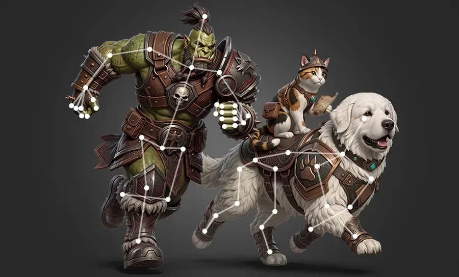 A humanoid 3d model and a dog 3d model are being rigged and animated