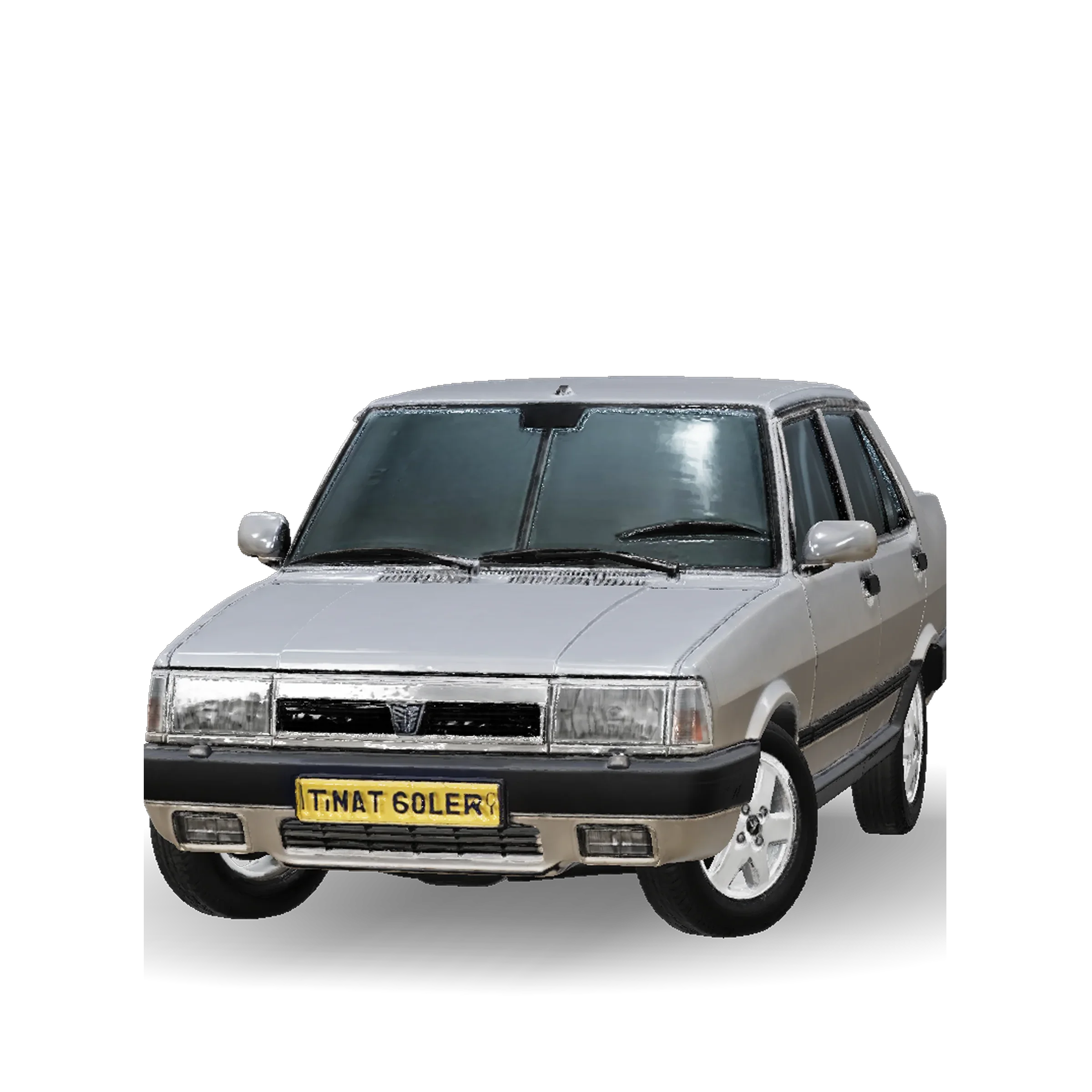 Beige sedan 3D model with four doors, alloy wheels and a chrome front grille