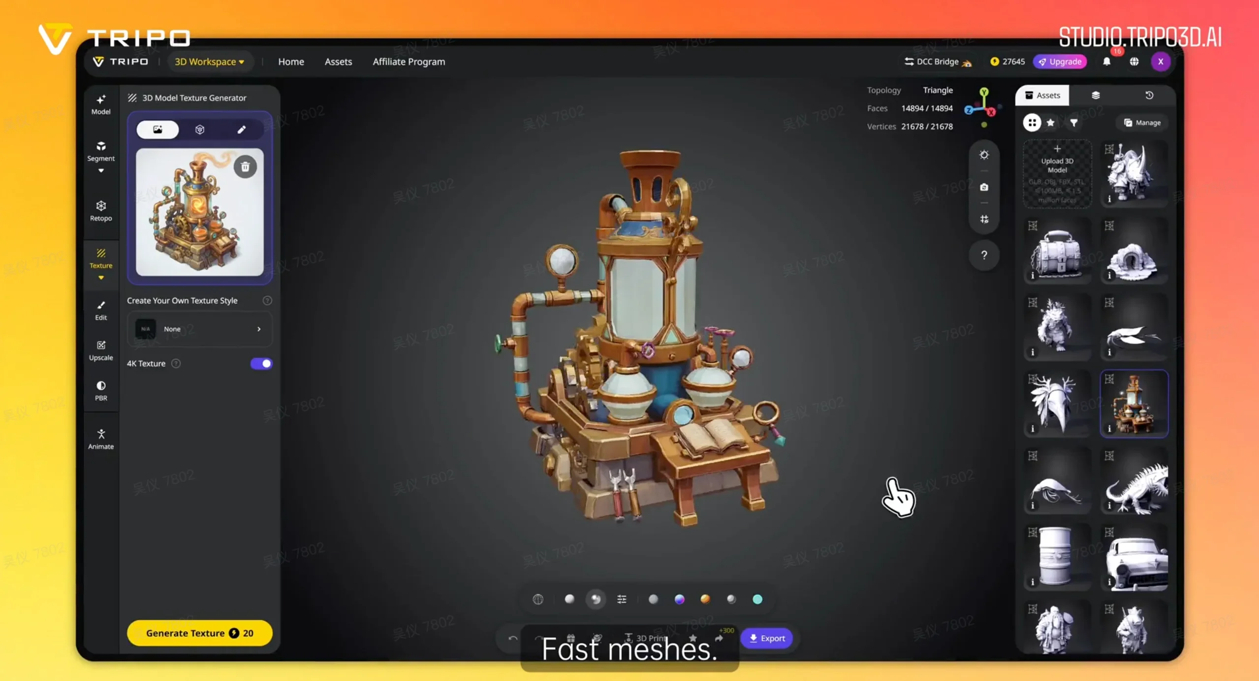 Click Generate Textures in the Texture panel to add 4K or 8K textures to your model