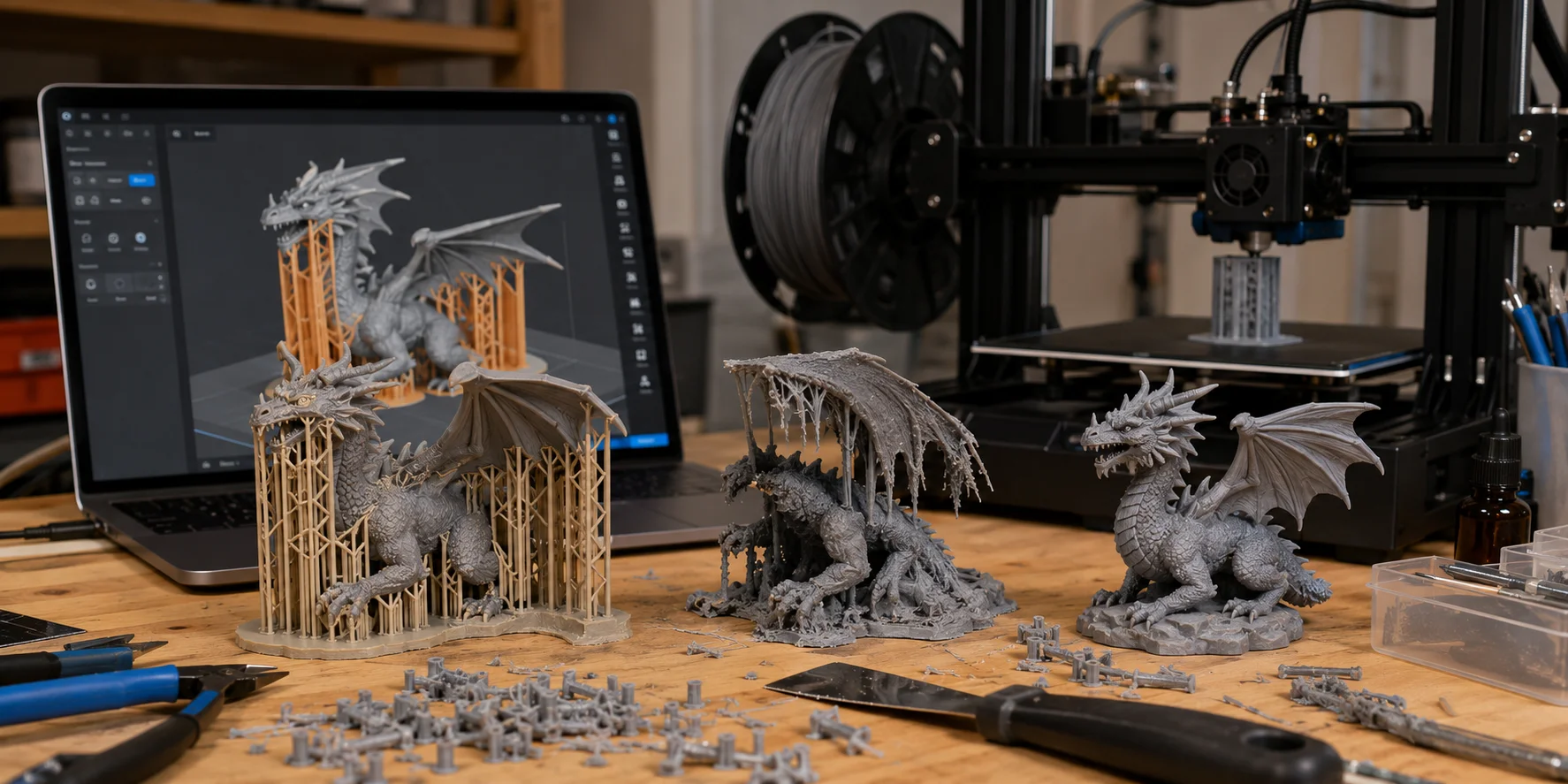 dragon models with support structures posts