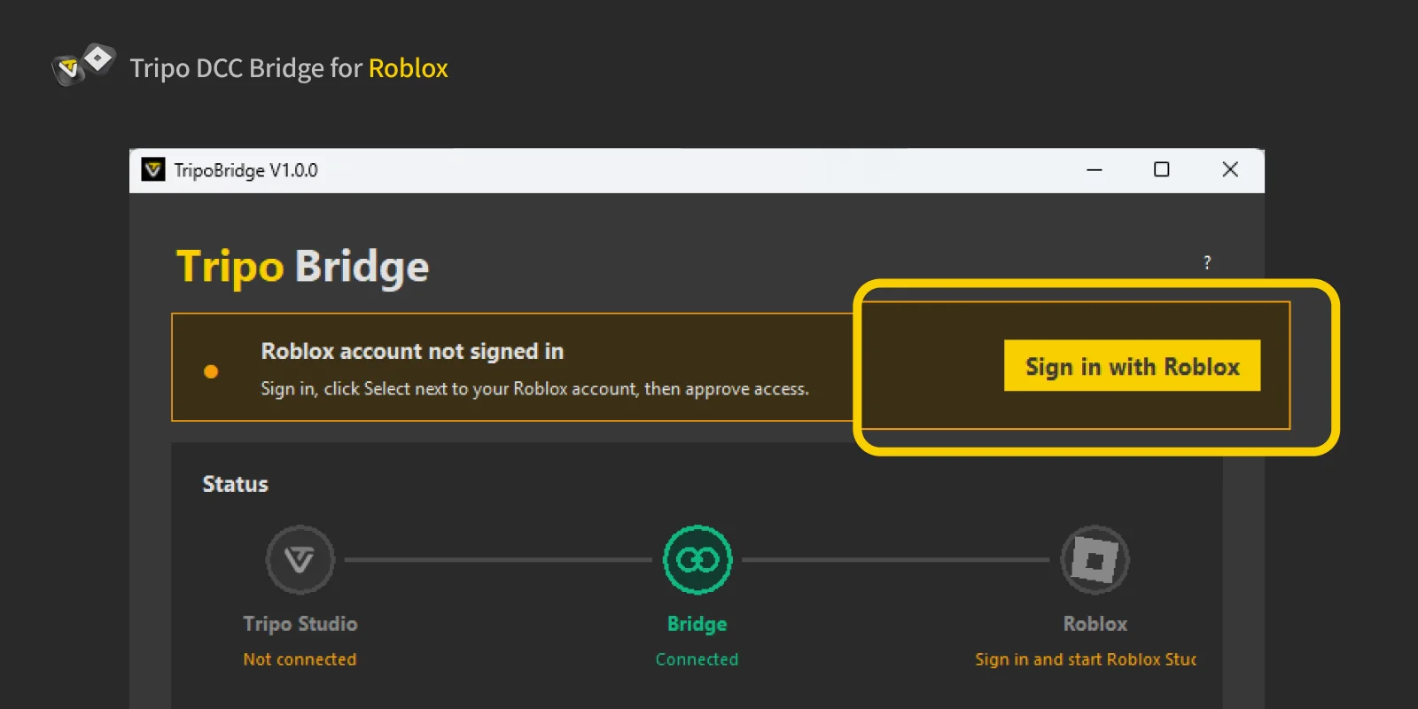Tripo Bridge Roblox sign-in panel