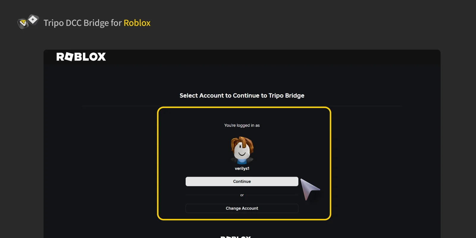 Roblox account selection screen for Tripo Bridge