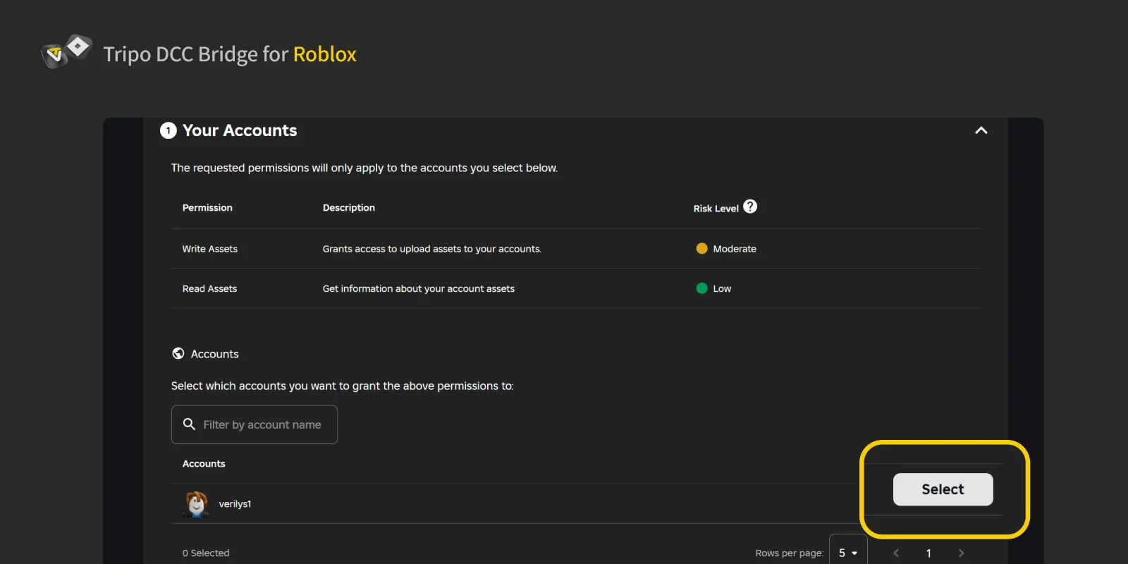 Roblox account permissions screen